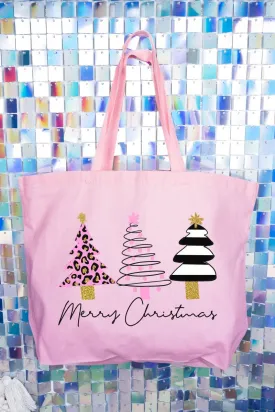 3 Pink Trees Merry Christmas Canvas Jumbo Tote