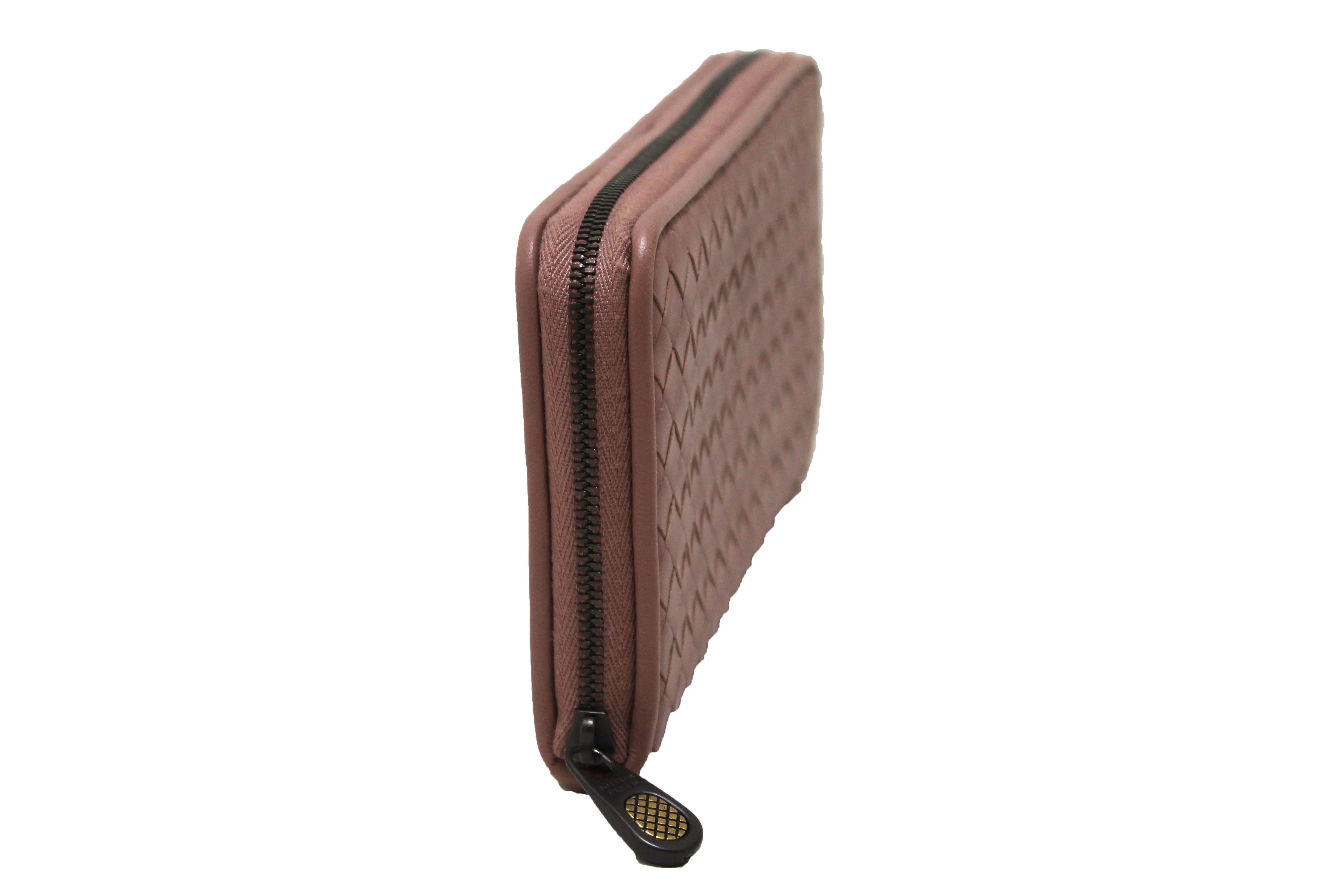 Authentic Bottega Veneta Dusty Rose Nappa Intrecciato Leather Zip Around Wallet