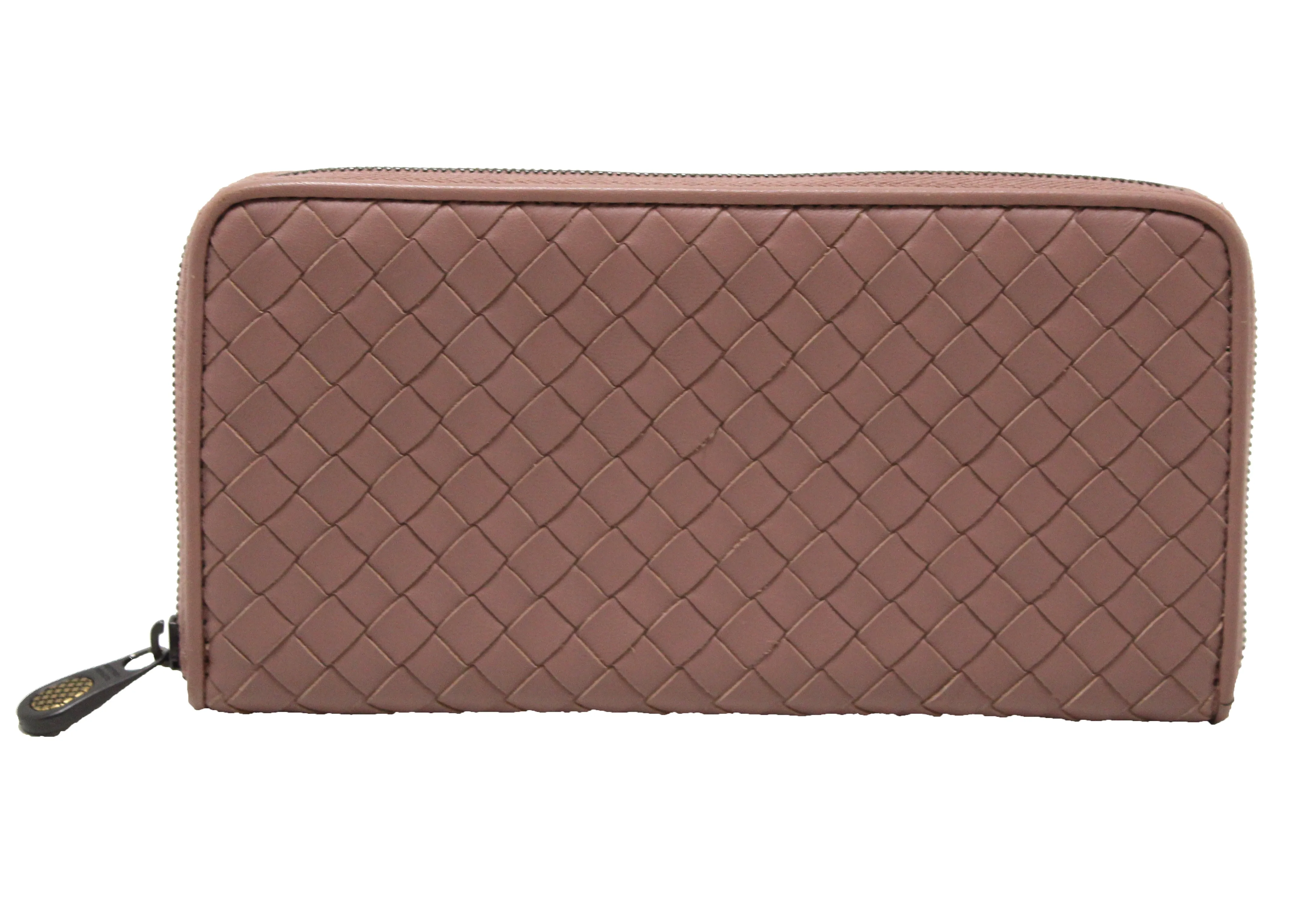 Authentic Bottega Veneta Dusty Rose Nappa Intrecciato Leather Zip Around Wallet