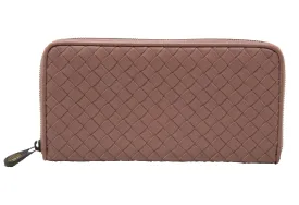 Authentic Bottega Veneta Dusty Rose Nappa Intrecciato Leather Zip Around Wallet