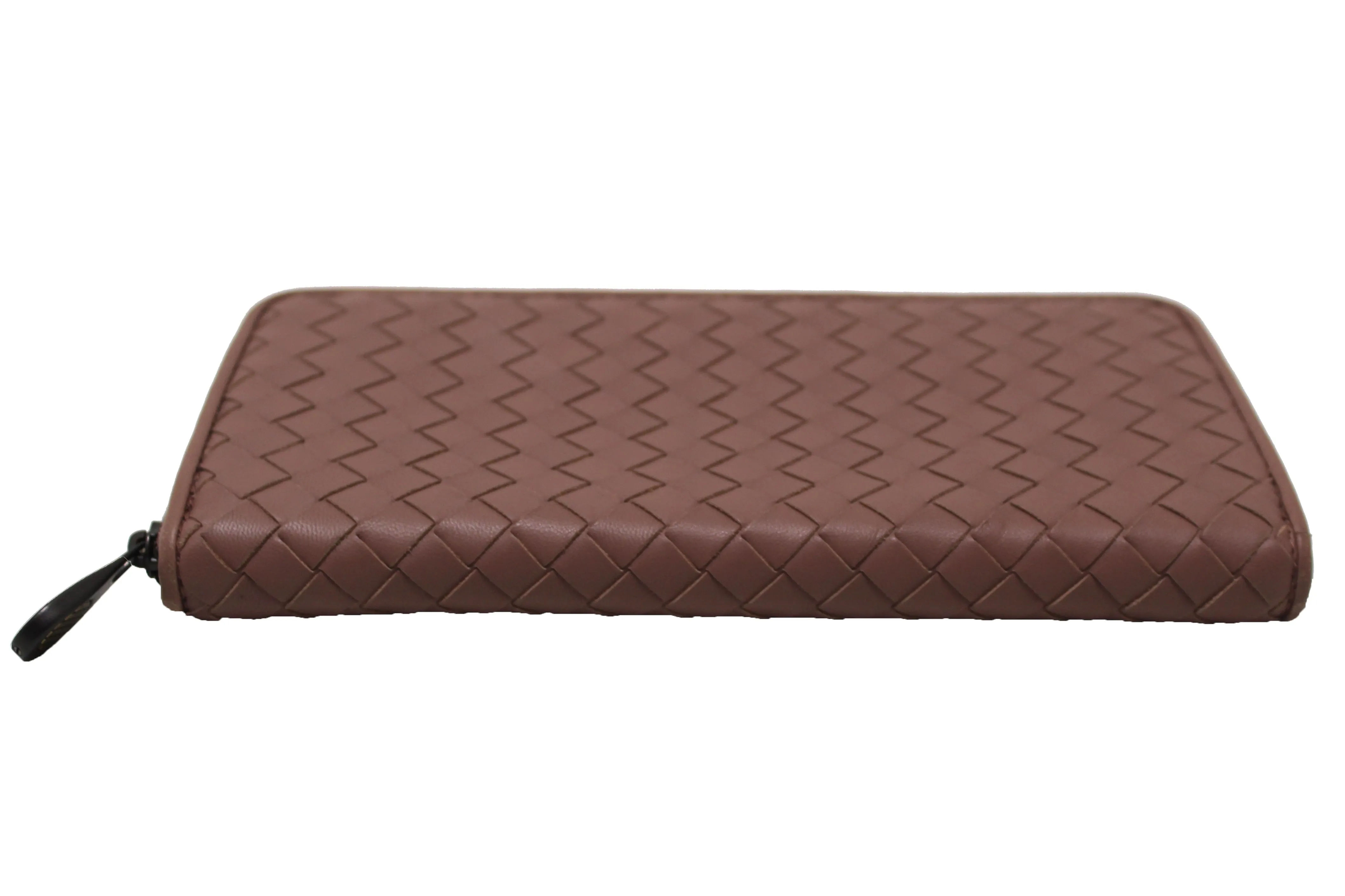 Authentic Bottega Veneta Dusty Rose Nappa Intrecciato Leather Zip Around Wallet