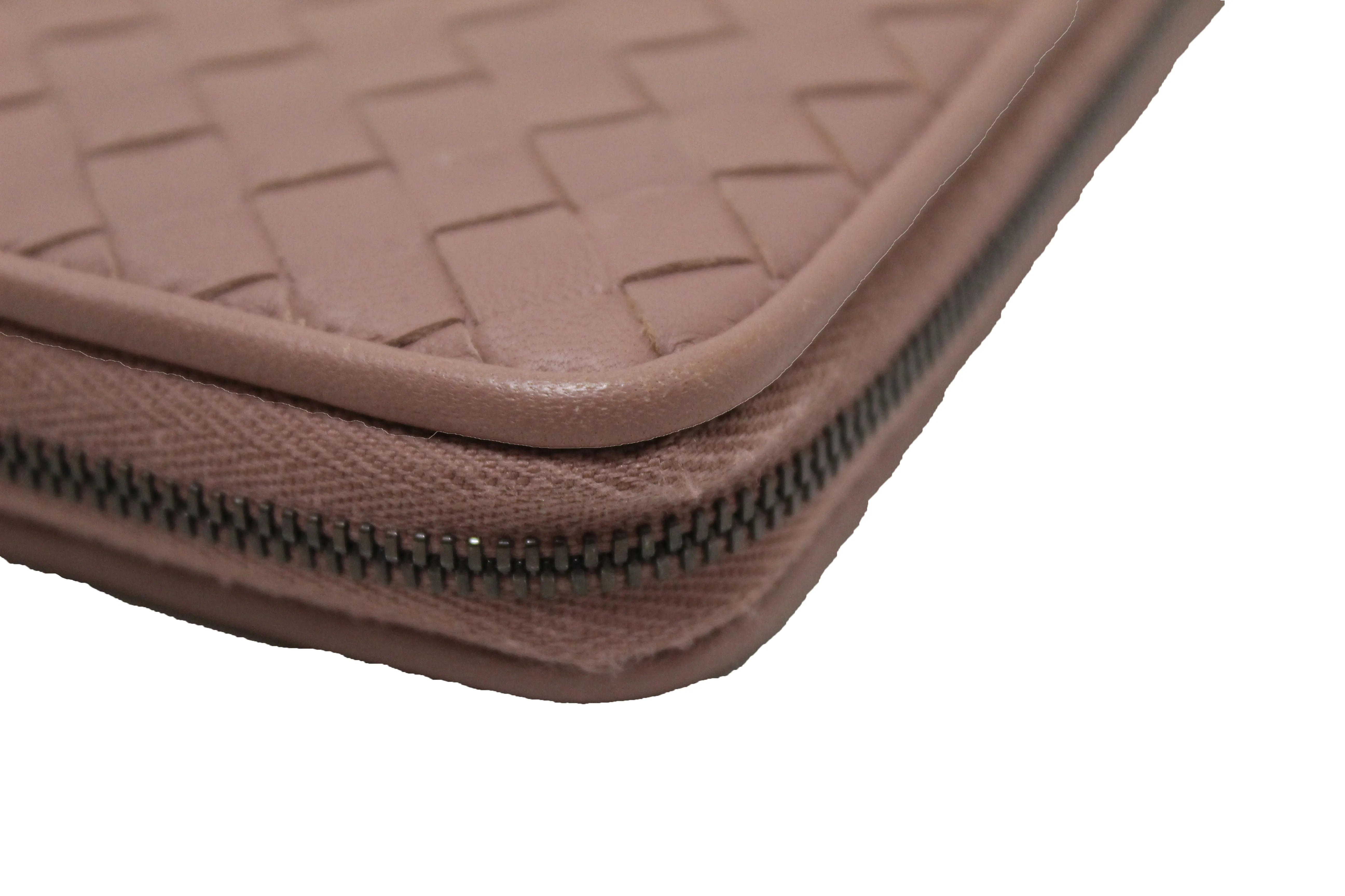 Authentic Bottega Veneta Dusty Rose Nappa Intrecciato Leather Zip Around Wallet