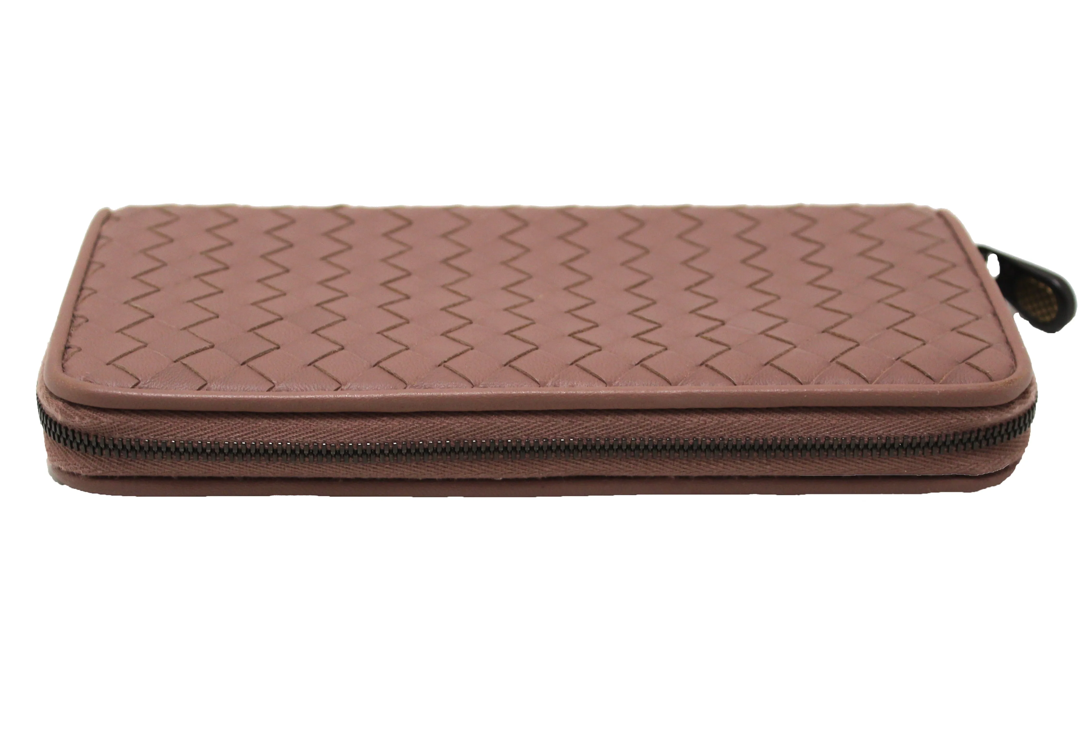 Authentic Bottega Veneta Dusty Rose Nappa Intrecciato Leather Zip Around Wallet