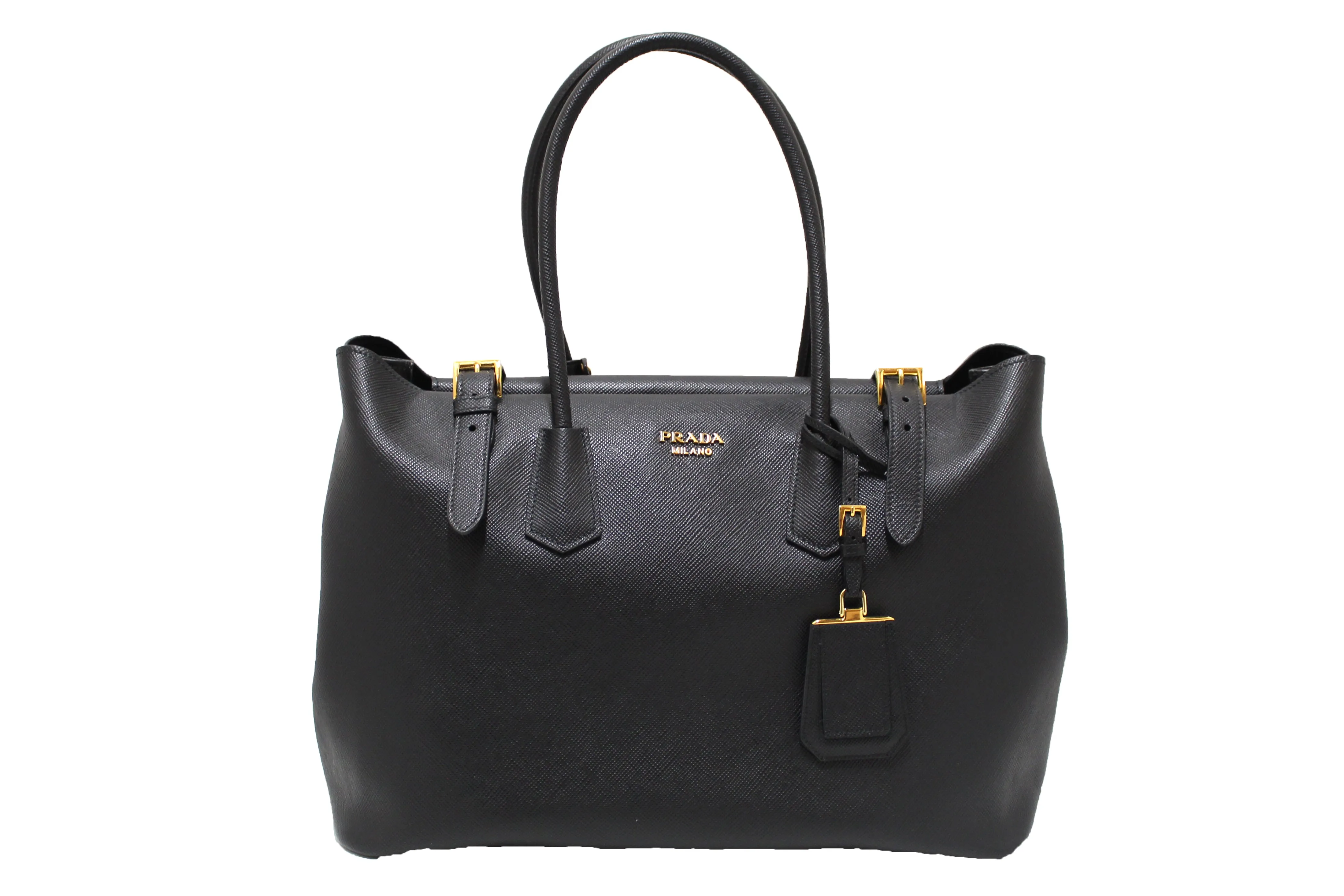 Authentic Prada Black Saffiano Leather Buckle Tote Bag