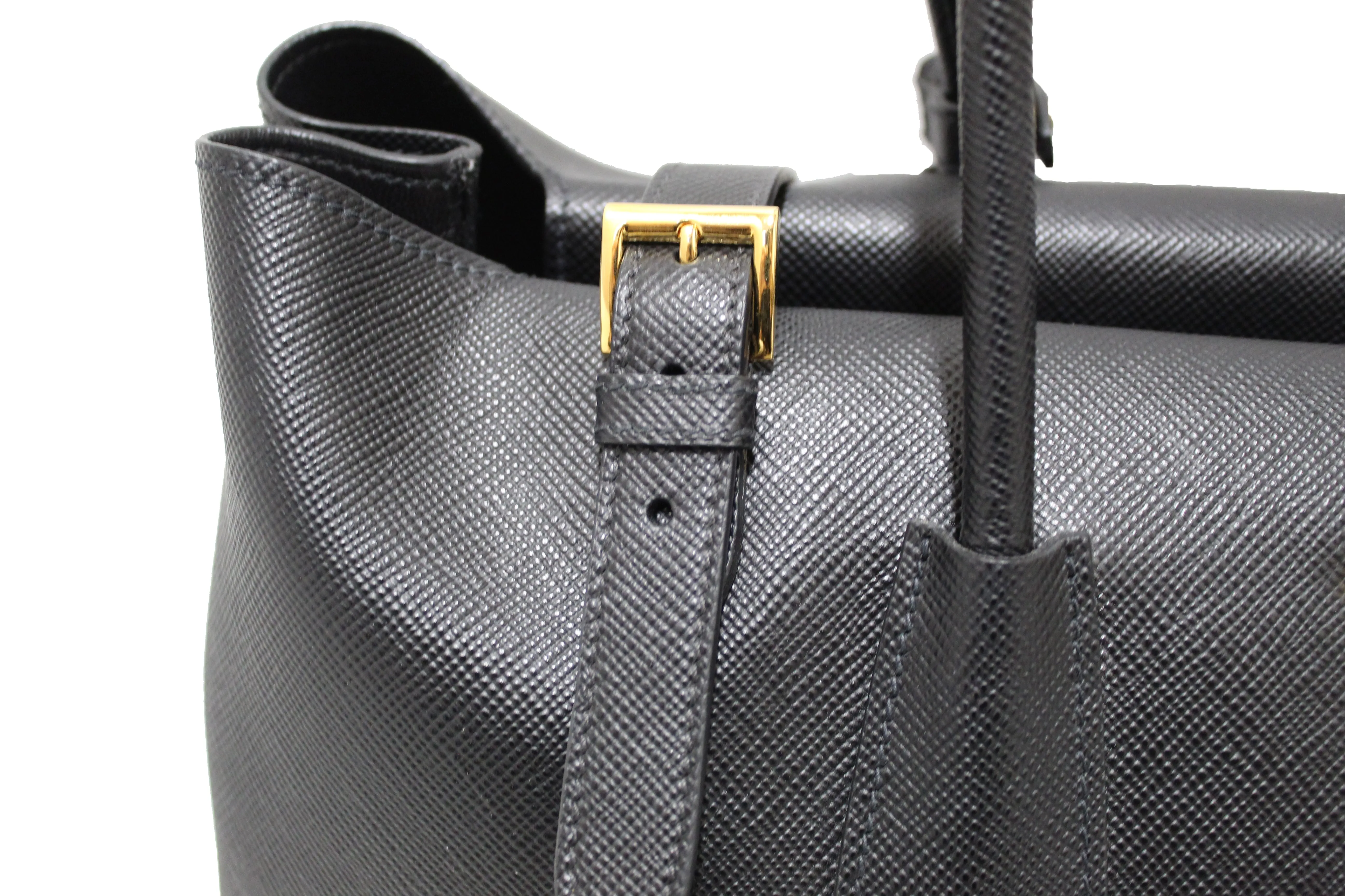 Authentic Prada Black Saffiano Leather Buckle Tote Bag