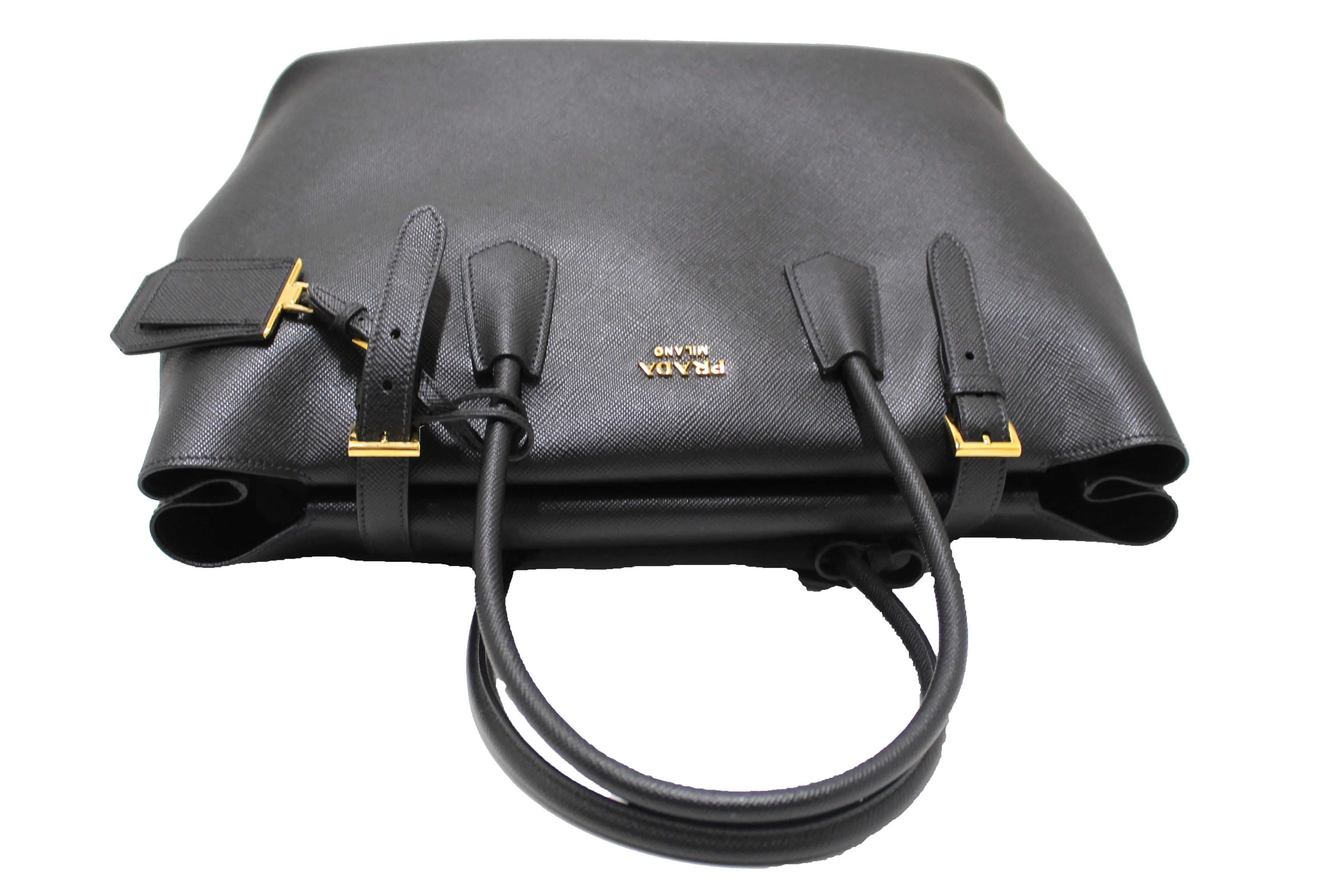Authentic Prada Black Saffiano Leather Buckle Tote Bag