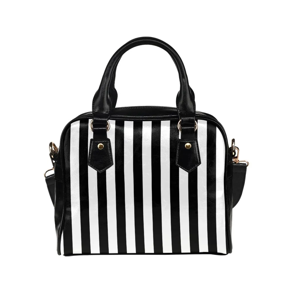 Black and White Striped Purse Handbag, Pinstripe Stripes Vertical Print Small Mini Shoulder Bag Vegan Leather Women Designer Crossbody