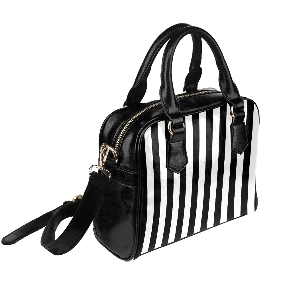 Black and White Striped Purse Handbag, Pinstripe Stripes Vertical Print Small Mini Shoulder Bag Vegan Leather Women Designer Crossbody