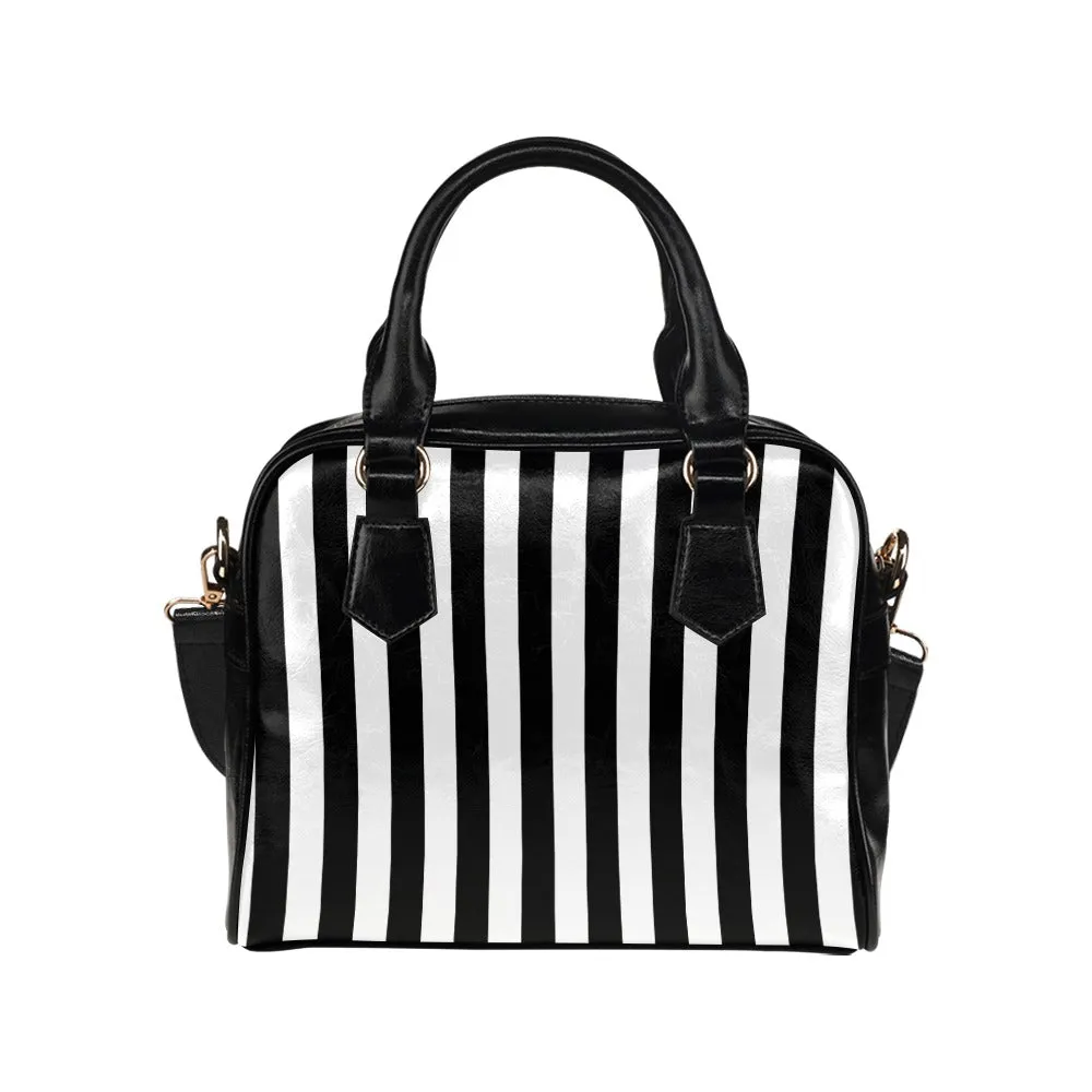 Black and White Striped Purse Handbag, Pinstripe Stripes Vertical Print Small Mini Shoulder Bag Vegan Leather Women Designer Crossbody