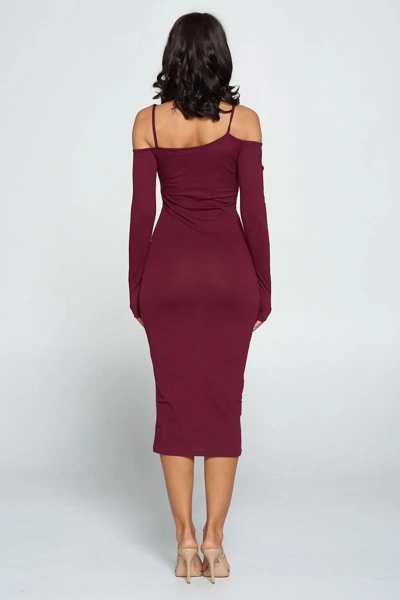 Cara Delvi Dark Wine Cut-Out Midi Dress