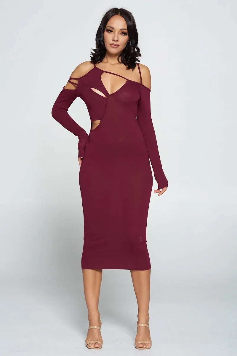 Cara Delvi Dark Wine Cut-Out Midi Dress