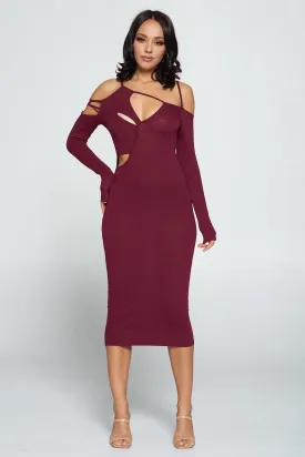 Cara Delvi Dark Wine Cut-Out Midi Dress