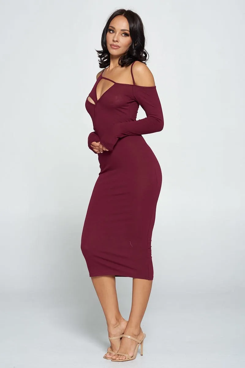 Cara Delvi Dark Wine Cut-Out Midi Dress