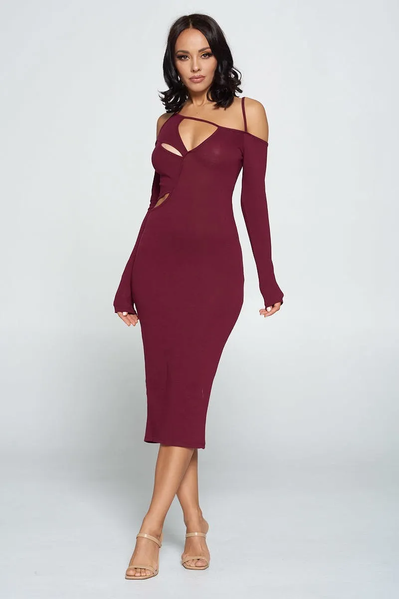 Cara Delvi Dark Wine Cut-Out Midi Dress