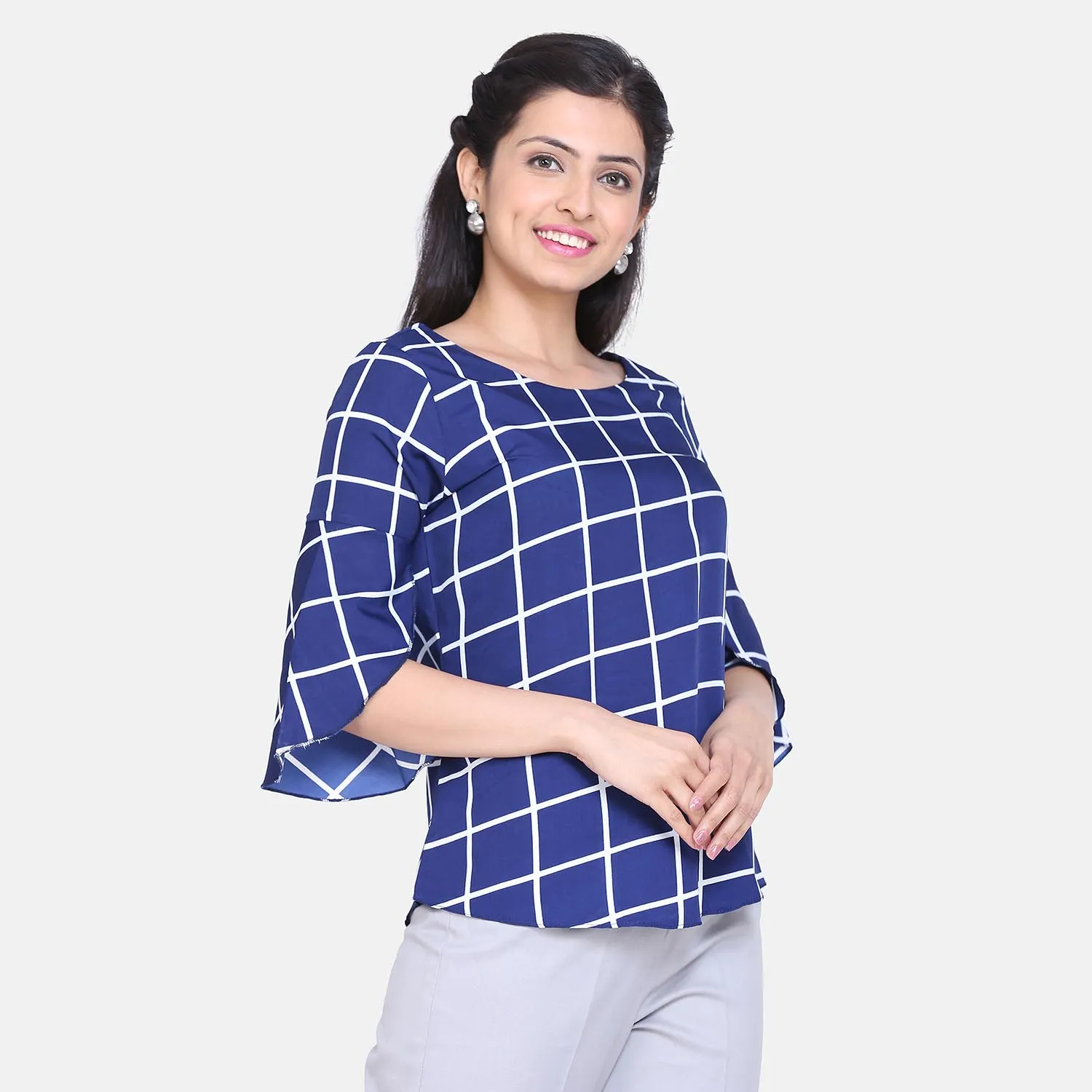 Comfort fit Royal Blue Windowpane Check Crepe Top
