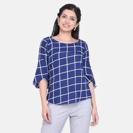 Comfort fit Royal Blue Windowpane Check Crepe Top