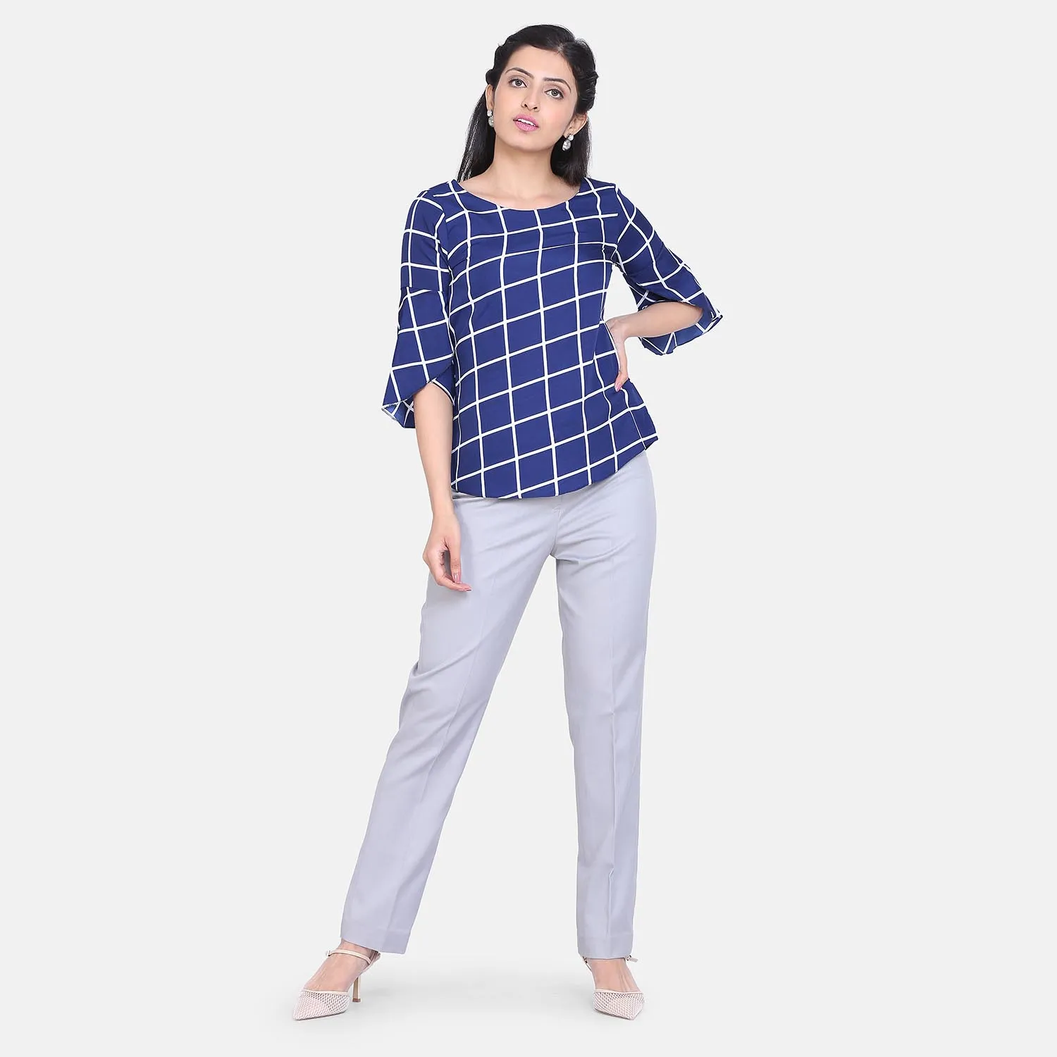 Comfort fit Royal Blue Windowpane Check Crepe Top