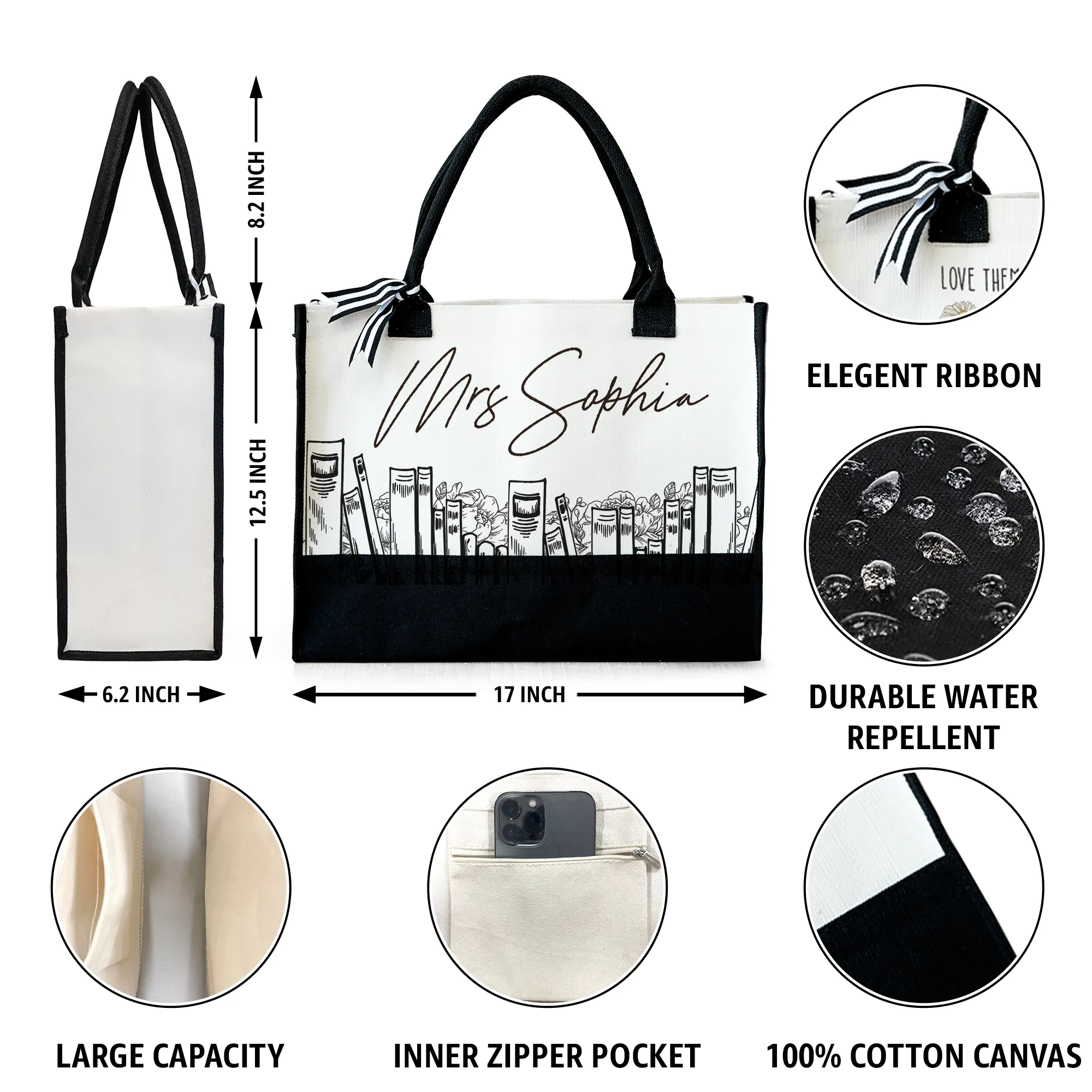 Floral Books - Personalized Canvas Tote Bag