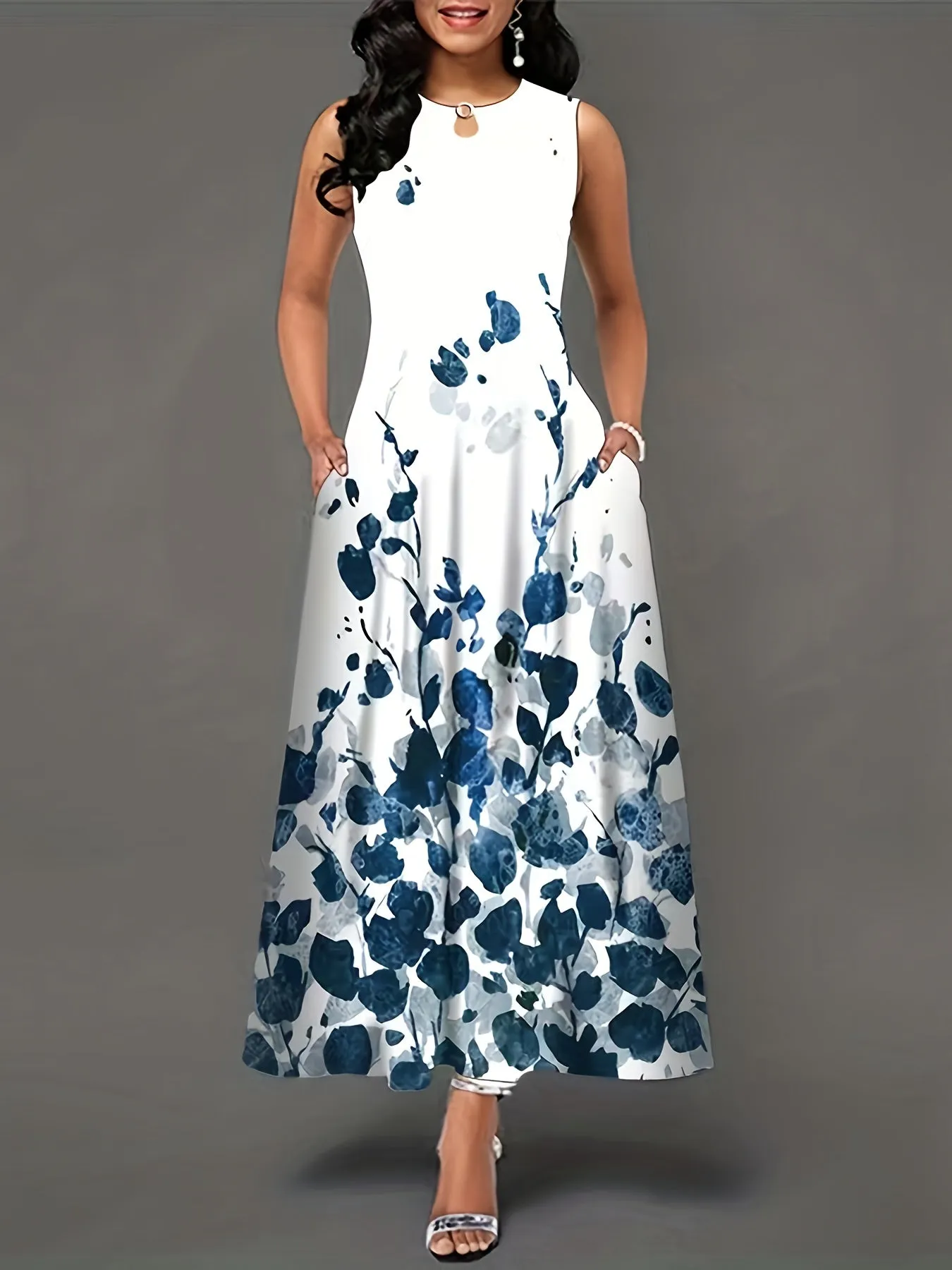 Floral Print Boho Keyhole Maxi Dress with Pockets
