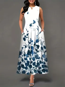 Floral Print Boho Keyhole Maxi Dress with Pockets