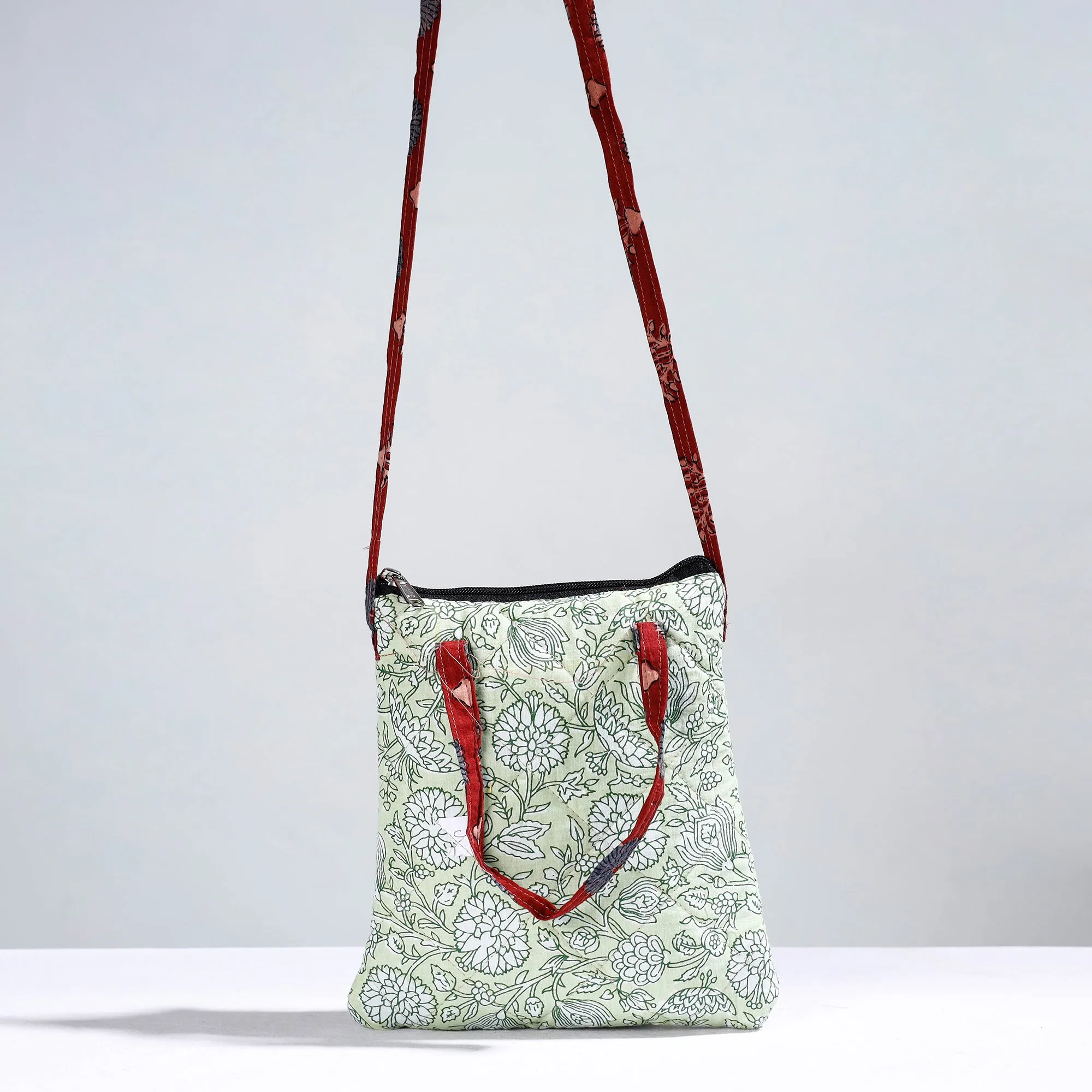Green - Handmade Quilted Cotton Sling Bag 13