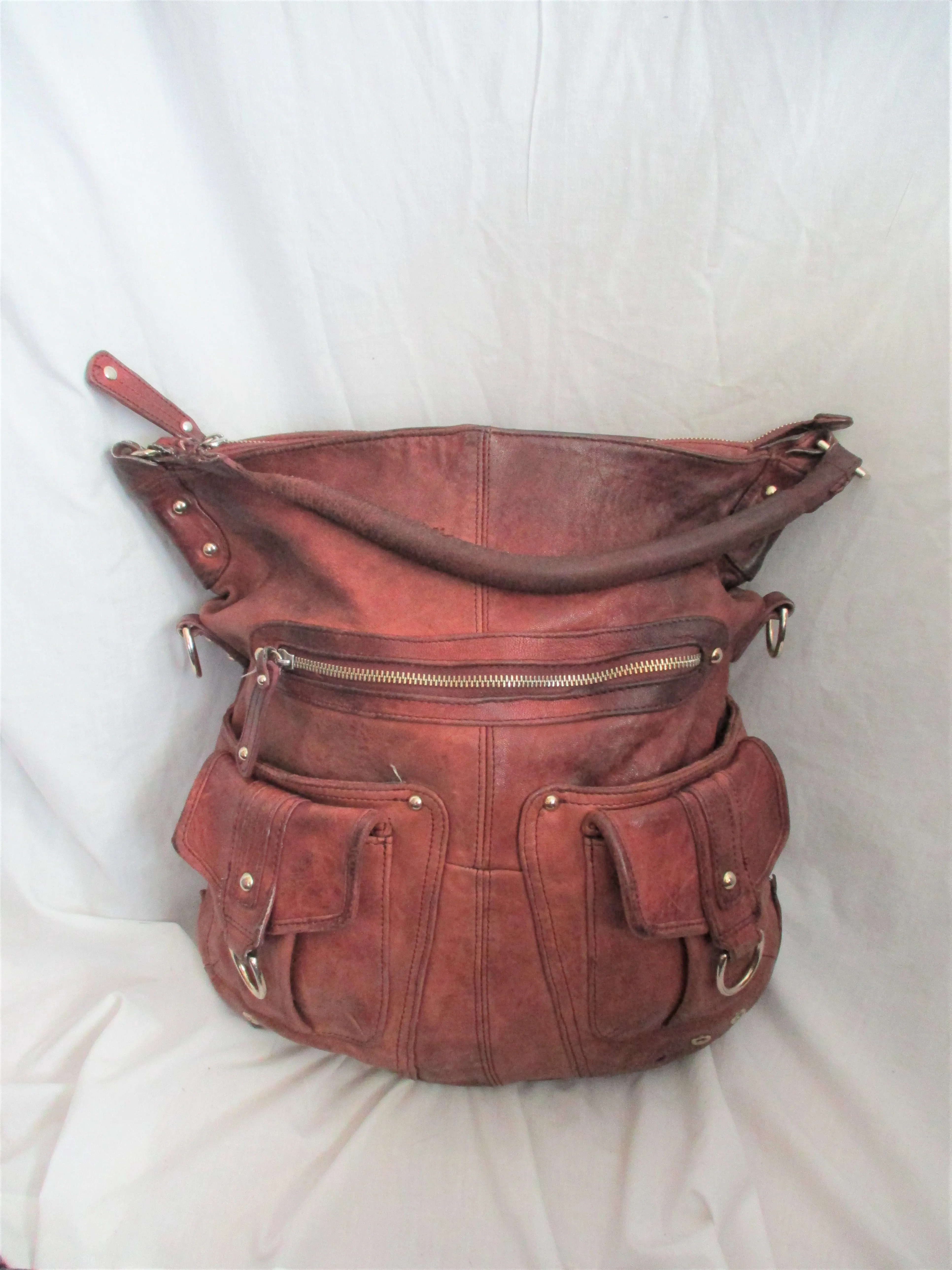 JUNIOR DRAKE glove soft leather hobo satchel shoulder bag carryall BROWN distressed