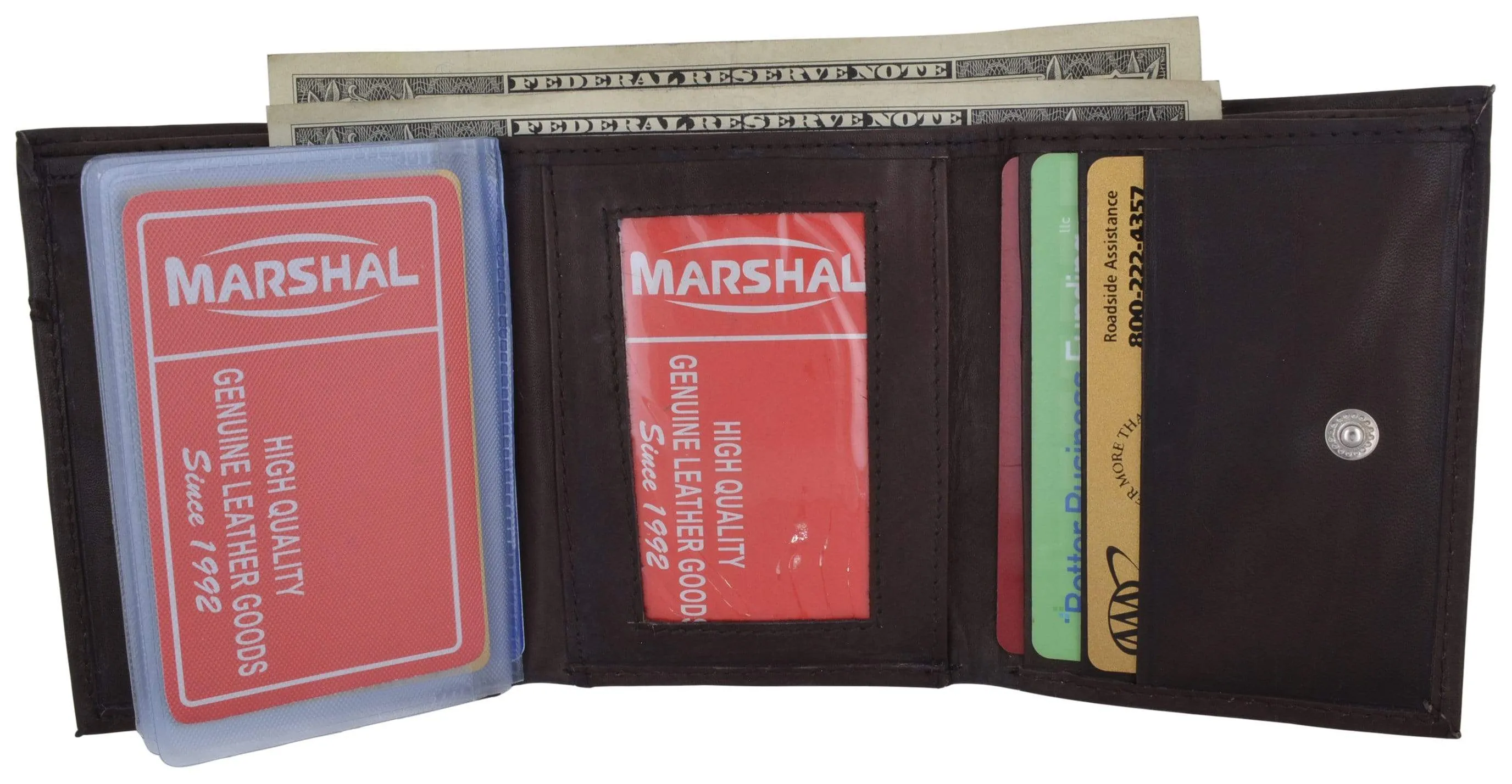 Mens Cowhide Leather ID Card Holder Trifold Wallet with Coin Pouch 2055 CF