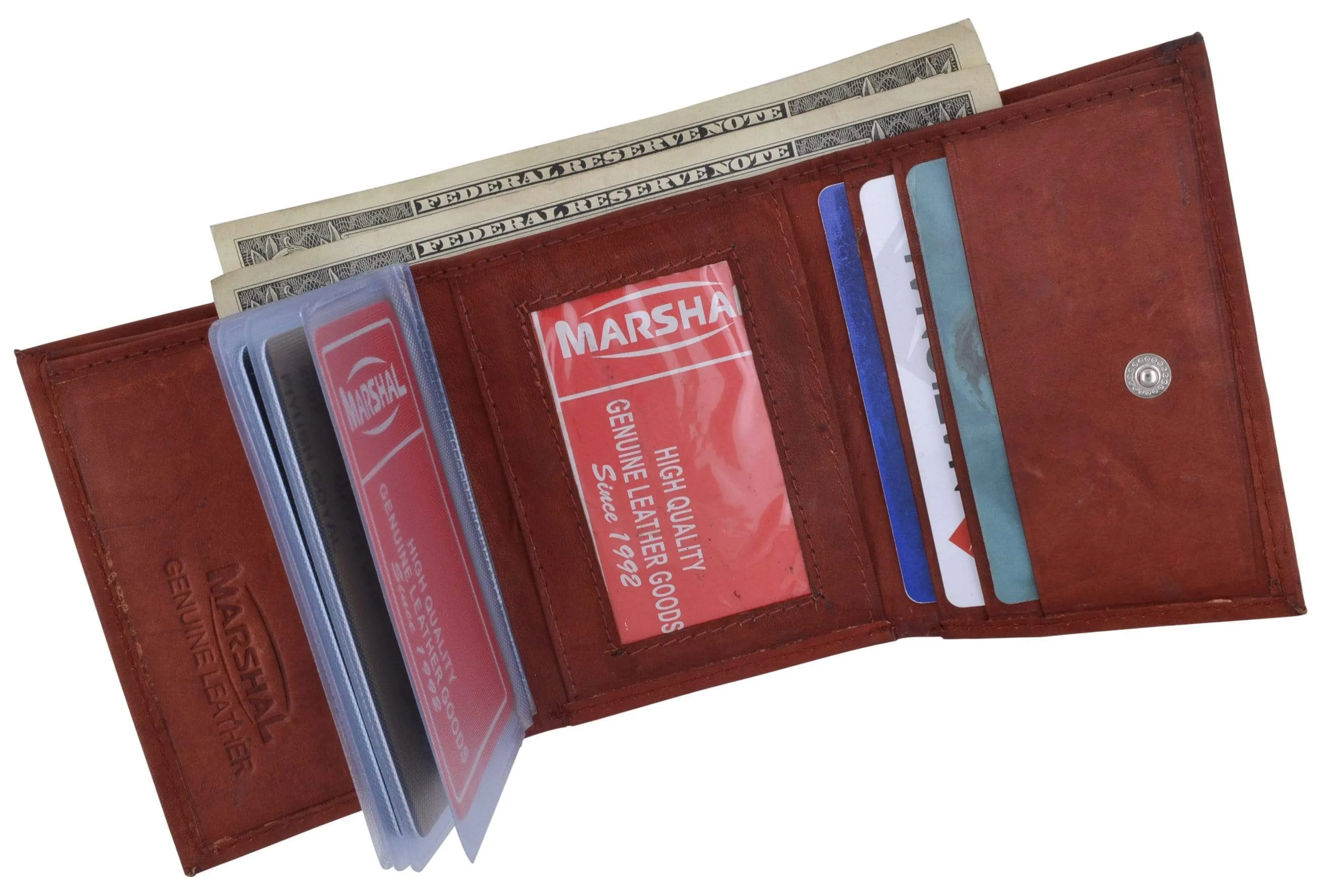 Mens Cowhide Leather ID Card Holder Trifold Wallet with Coin Pouch 2055 CF
