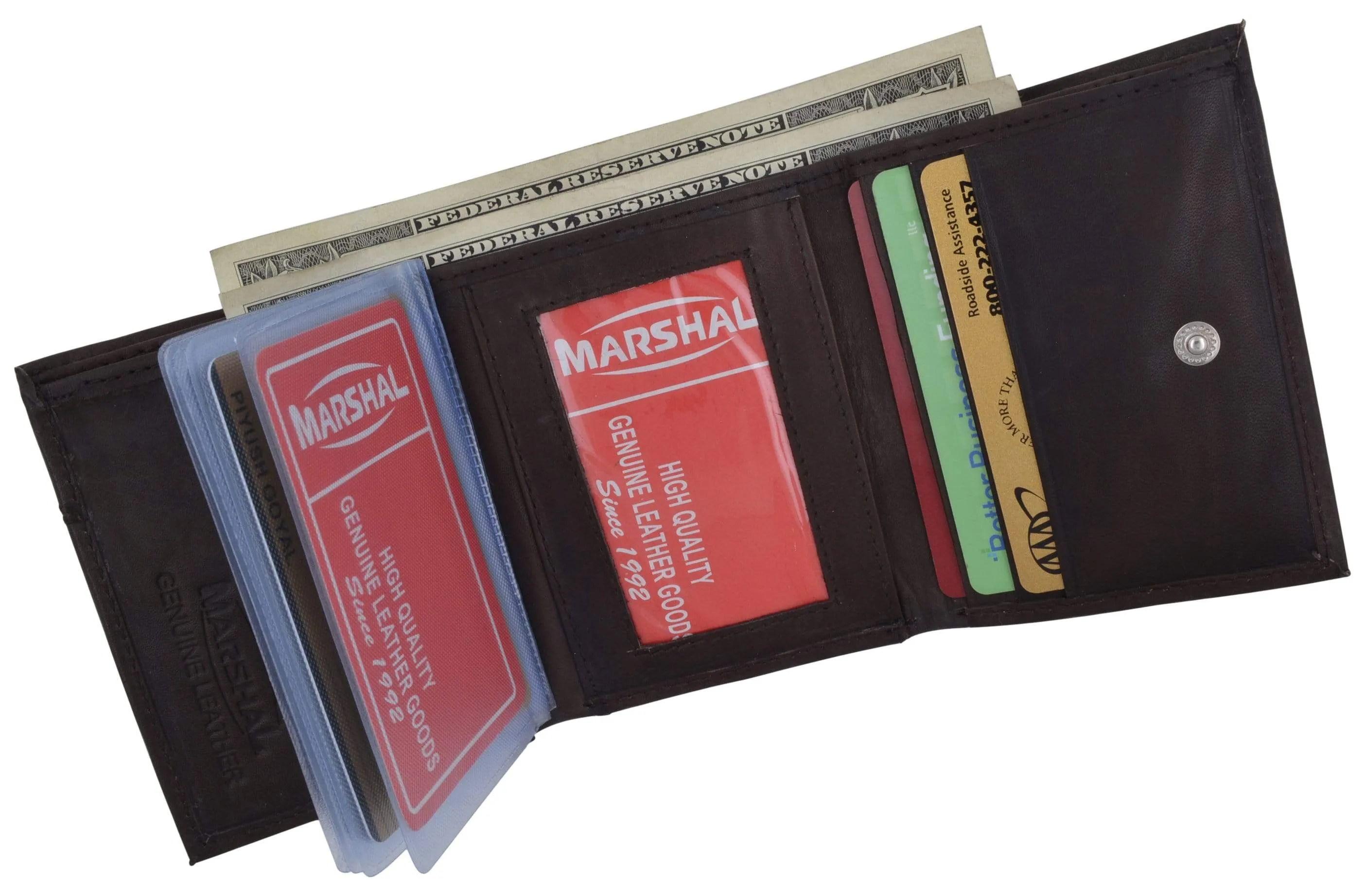 Mens Cowhide Leather ID Card Holder Trifold Wallet with Coin Pouch 2055 CF