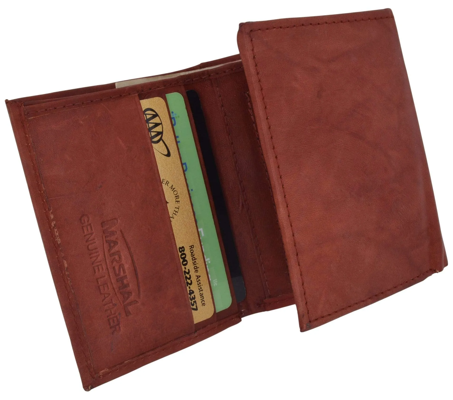 Mens Cowhide Leather ID Card Holder Trifold Wallet with Coin Pouch 2055 CF