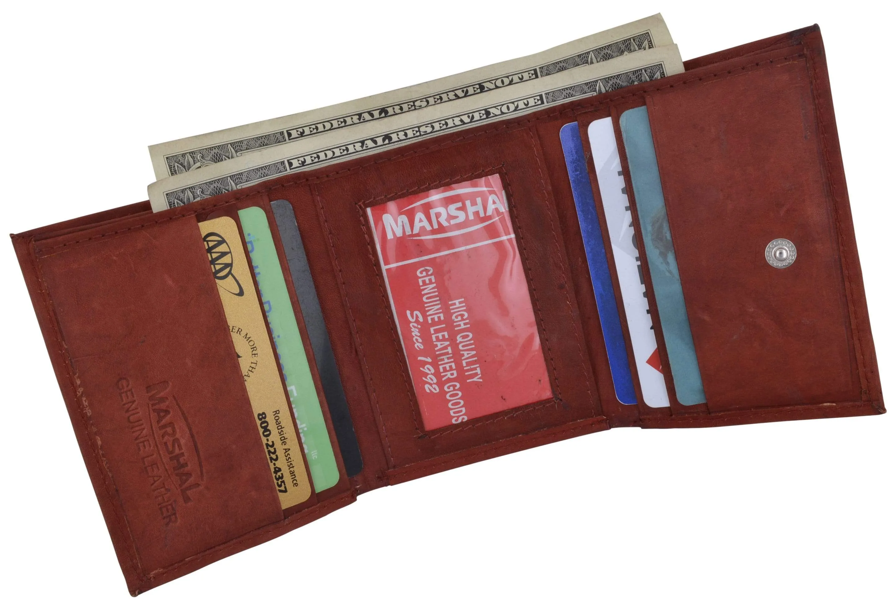 Mens Cowhide Leather ID Card Holder Trifold Wallet with Coin Pouch 2055 CF