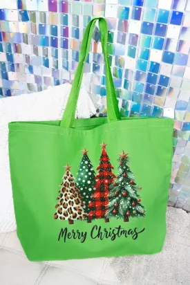 Mixed Print Trees Merry Christmas Canvas Jumbo Tote