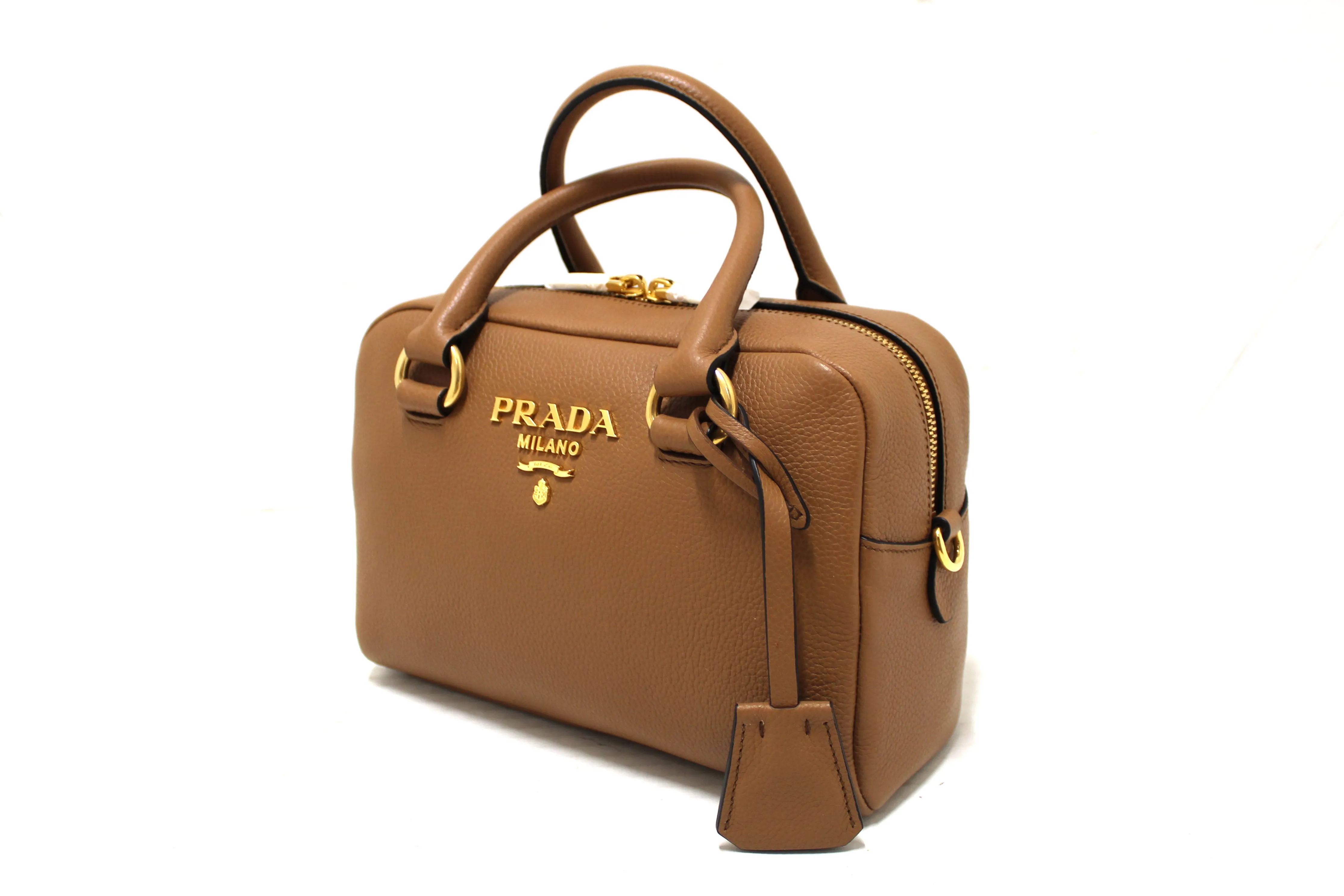 NEW Authentic Prada Brown Leather Bauletto Small Crossbody Boston Bag