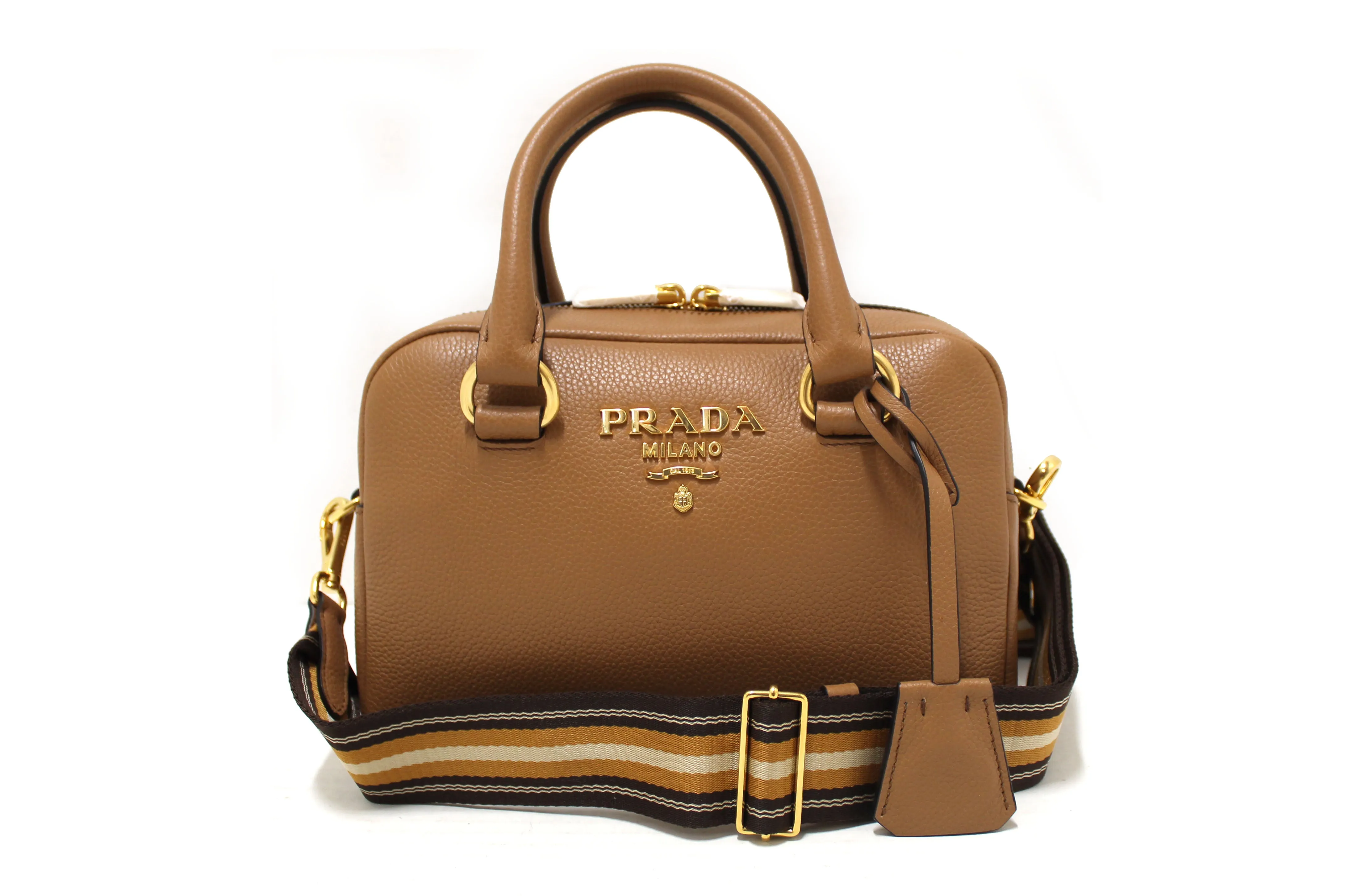 NEW Authentic Prada Brown Leather Bauletto Small Crossbody Boston Bag