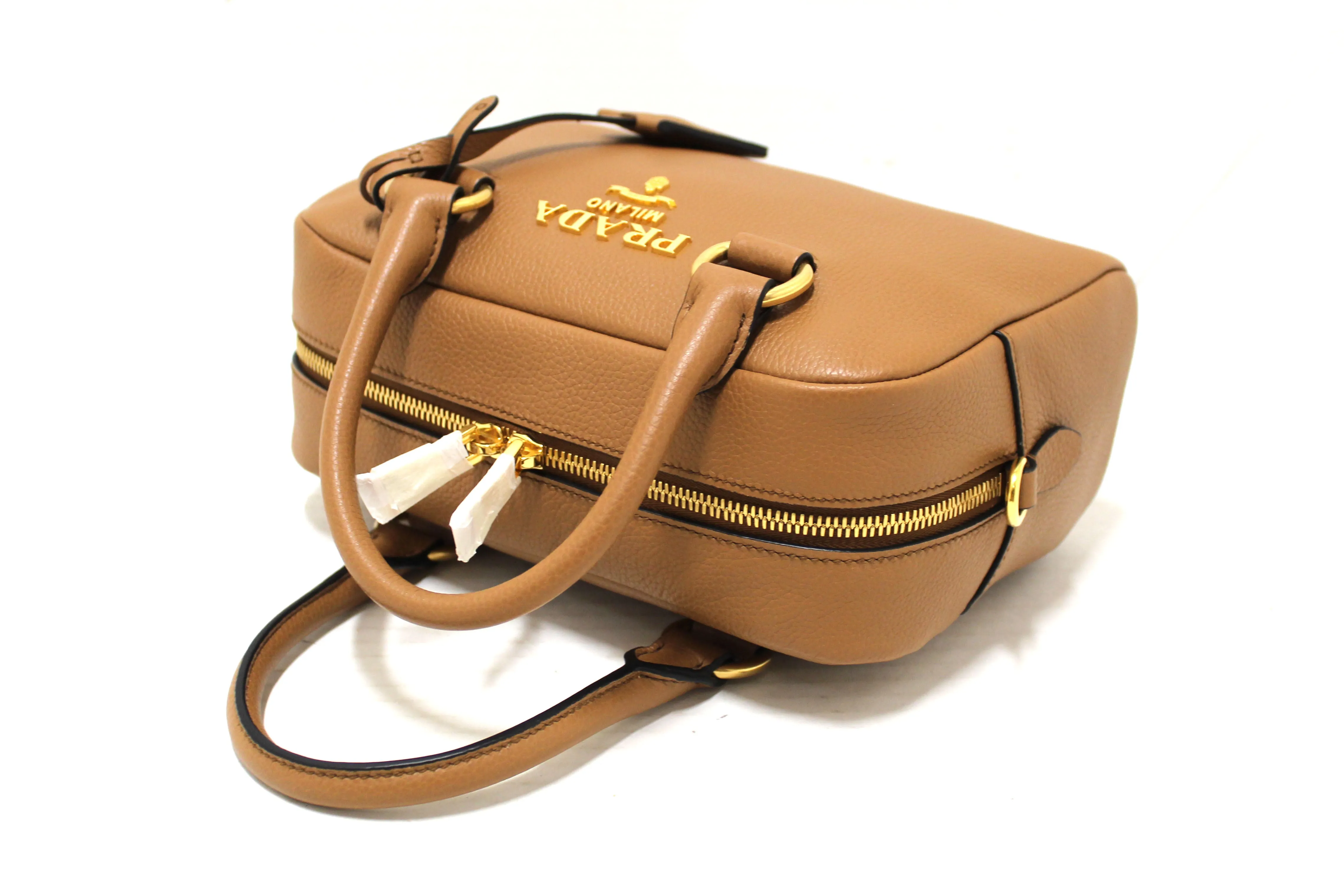 NEW Authentic Prada Brown Leather Bauletto Small Crossbody Boston Bag