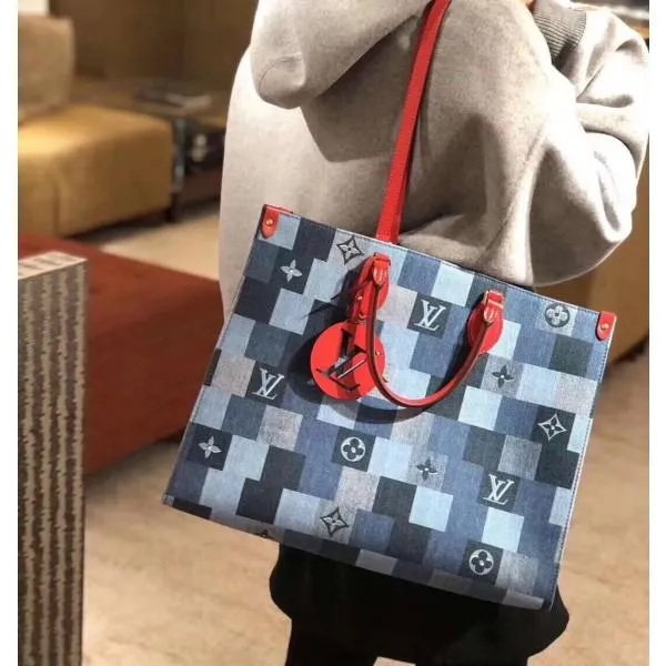Onthego Gm Tote Bag In Damier Monogram Denim Canvas M44992 Blue/red 2020 Collection