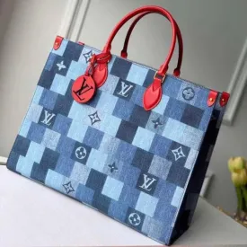 Onthego Gm Tote Bag In Damier Monogram Denim Canvas M44992 Blue/red 2020 Collection