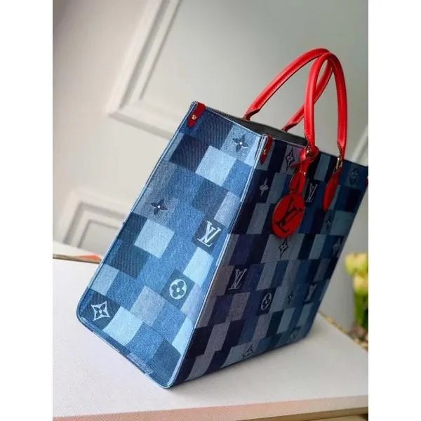 Onthego Gm Tote Bag In Damier Monogram Denim Canvas M44992 Blue/red 2020 Collection