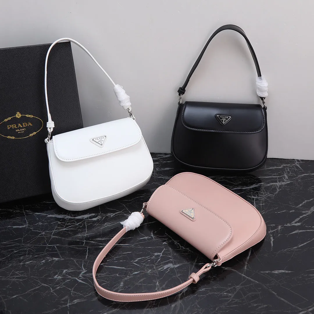 PD231  Prada Cleo Brushed Leather Shoulder Bag with Flap / 6.1x1.6x8.6inch