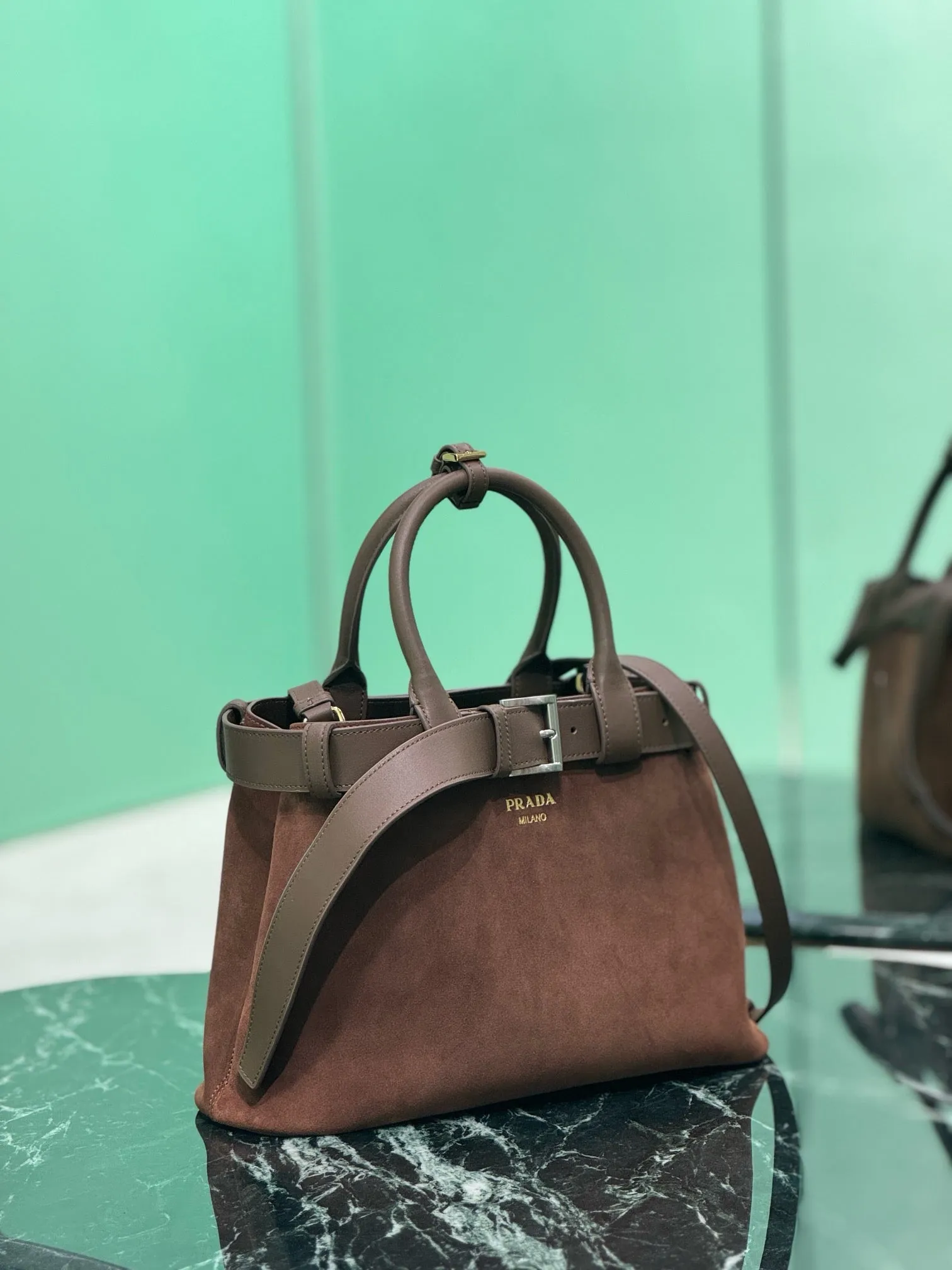 PD317 Medium Prada Buckle Suede Bag with Belt / HIGHEST QUALITY VERSION / 12.6x9x4.3inch
