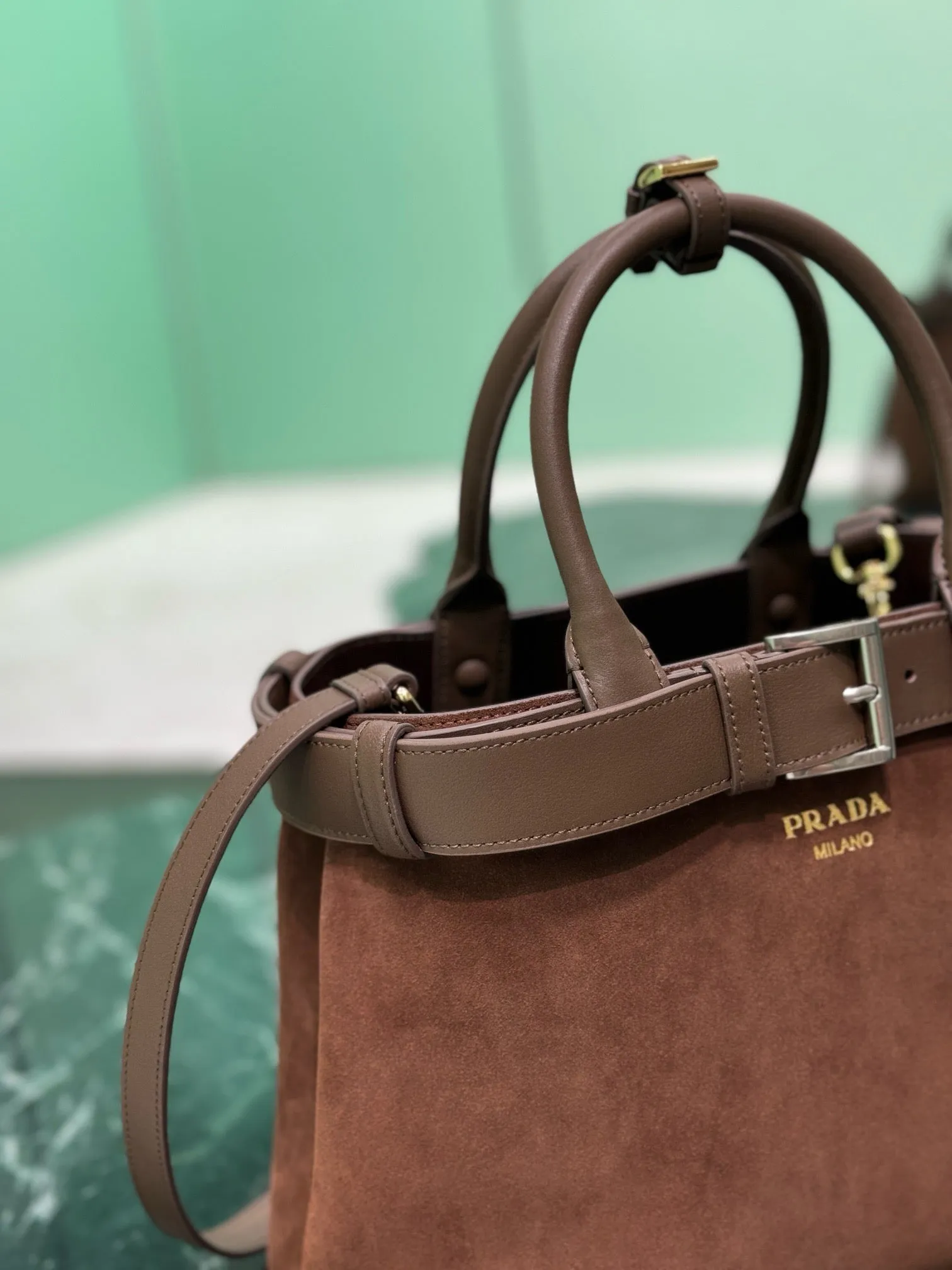 PD317 Medium Prada Buckle Suede Bag with Belt / HIGHEST QUALITY VERSION / 12.6x9x4.3inch