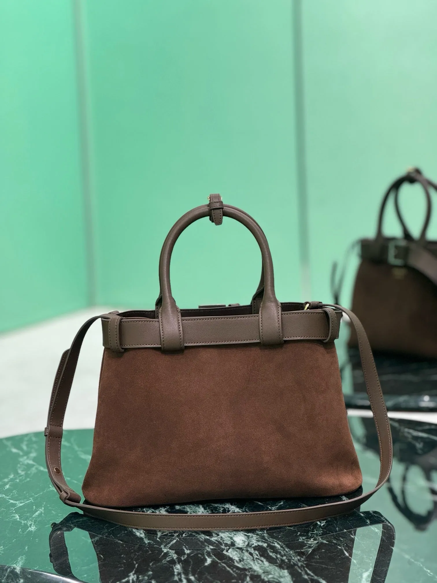 PD317 Medium Prada Buckle Suede Bag with Belt / HIGHEST QUALITY VERSION / 12.6x9x4.3inch