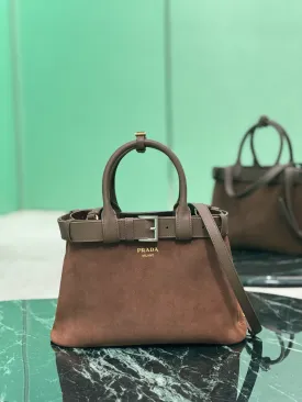PD317 Medium Prada Buckle Suede Bag with Belt / HIGHEST QUALITY VERSION / 12.6x9x4.3inch