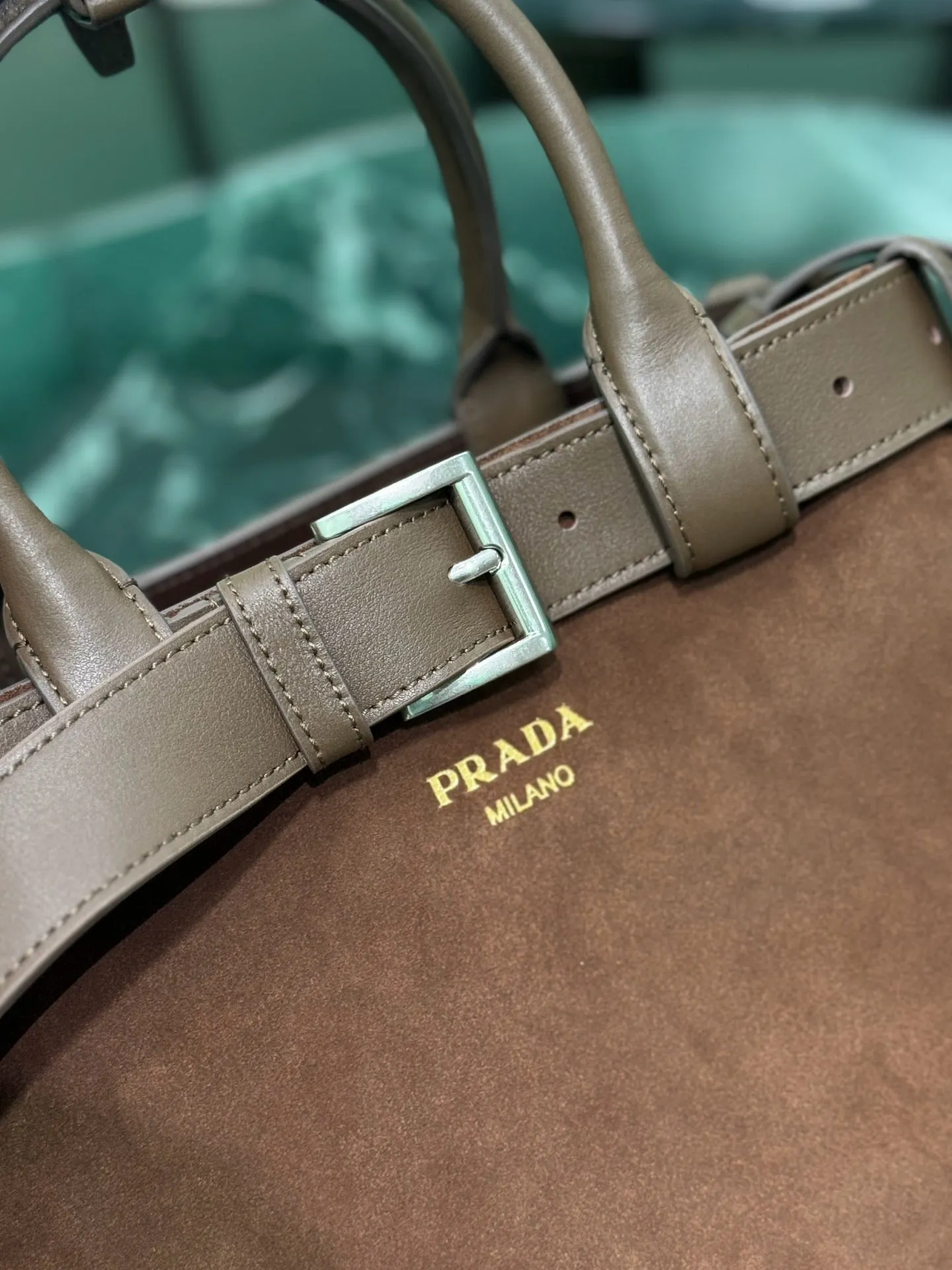 PD317 Medium Prada Buckle Suede Bag with Belt / HIGHEST QUALITY VERSION / 12.6x9x4.3inch