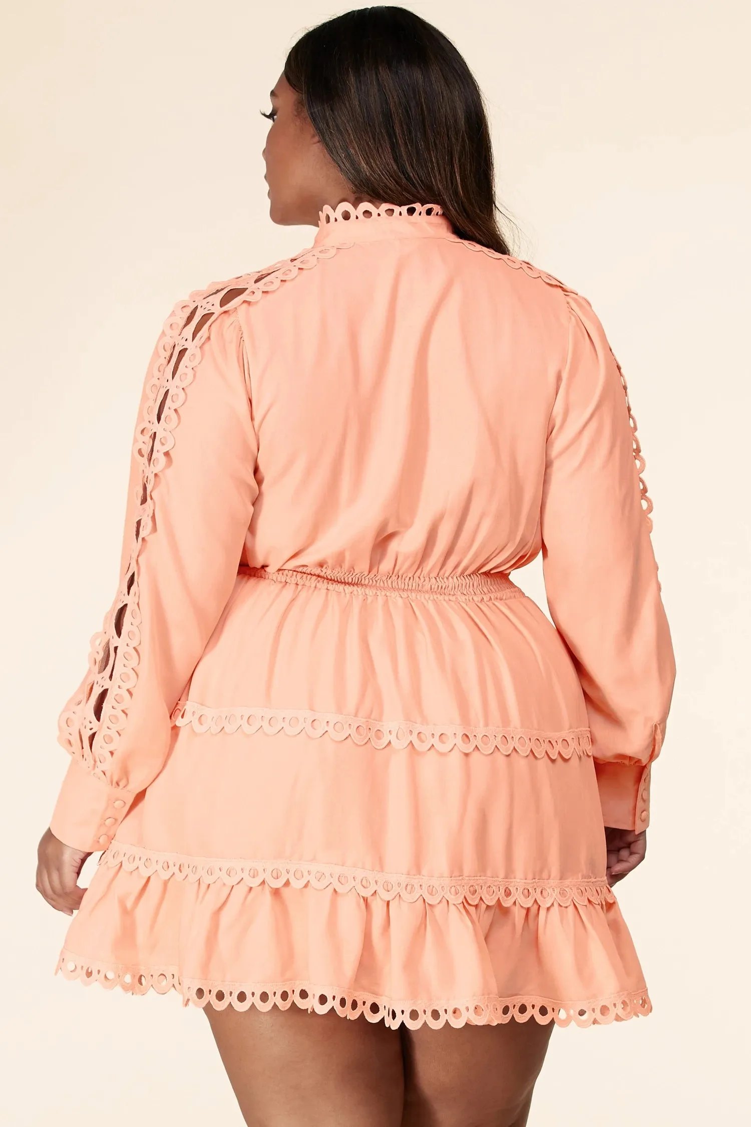 Plus Size Blush Lace Eyelet Long Sleeve Mini Dress