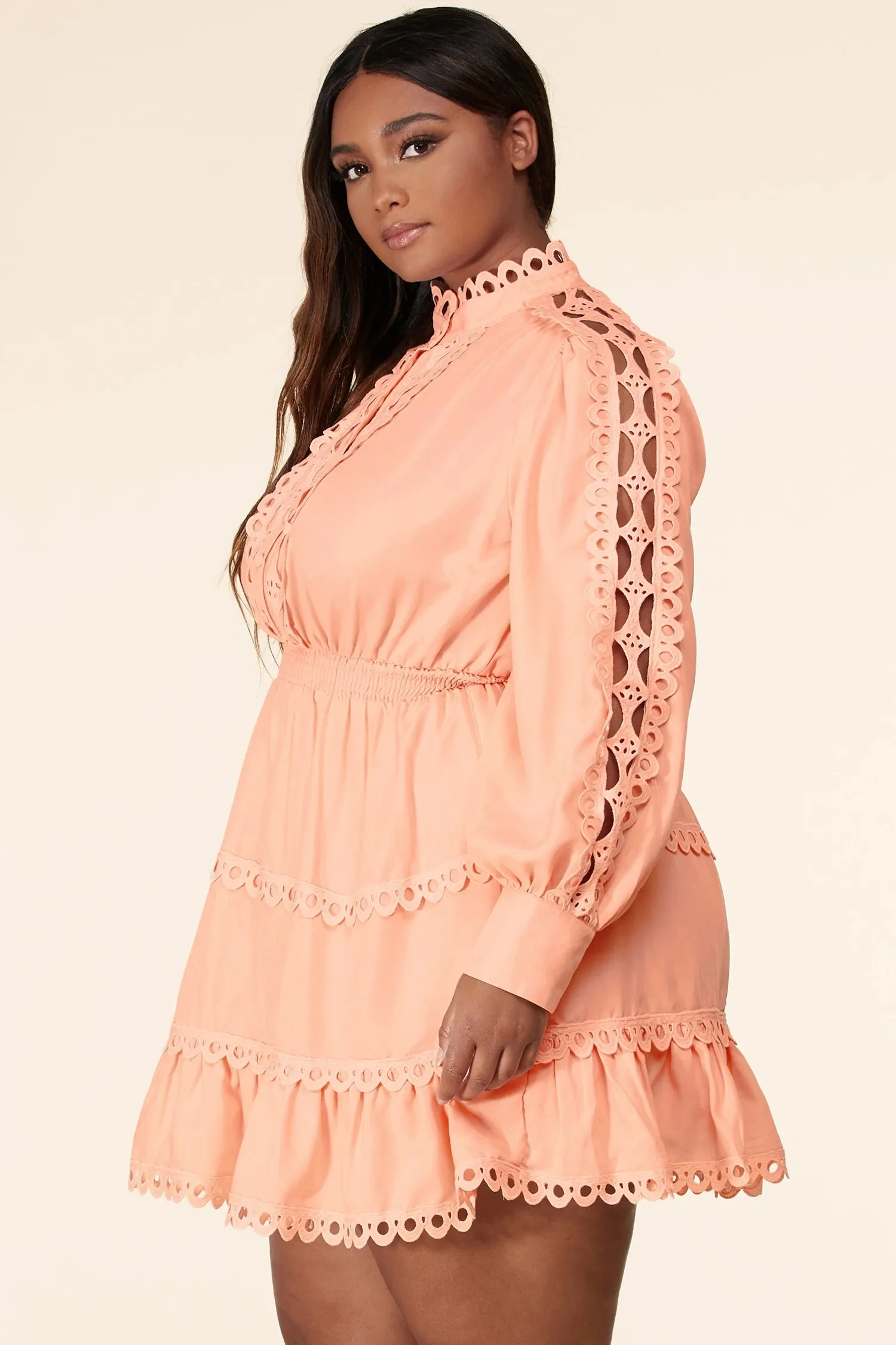 Plus Size Blush Lace Eyelet Long Sleeve Mini Dress