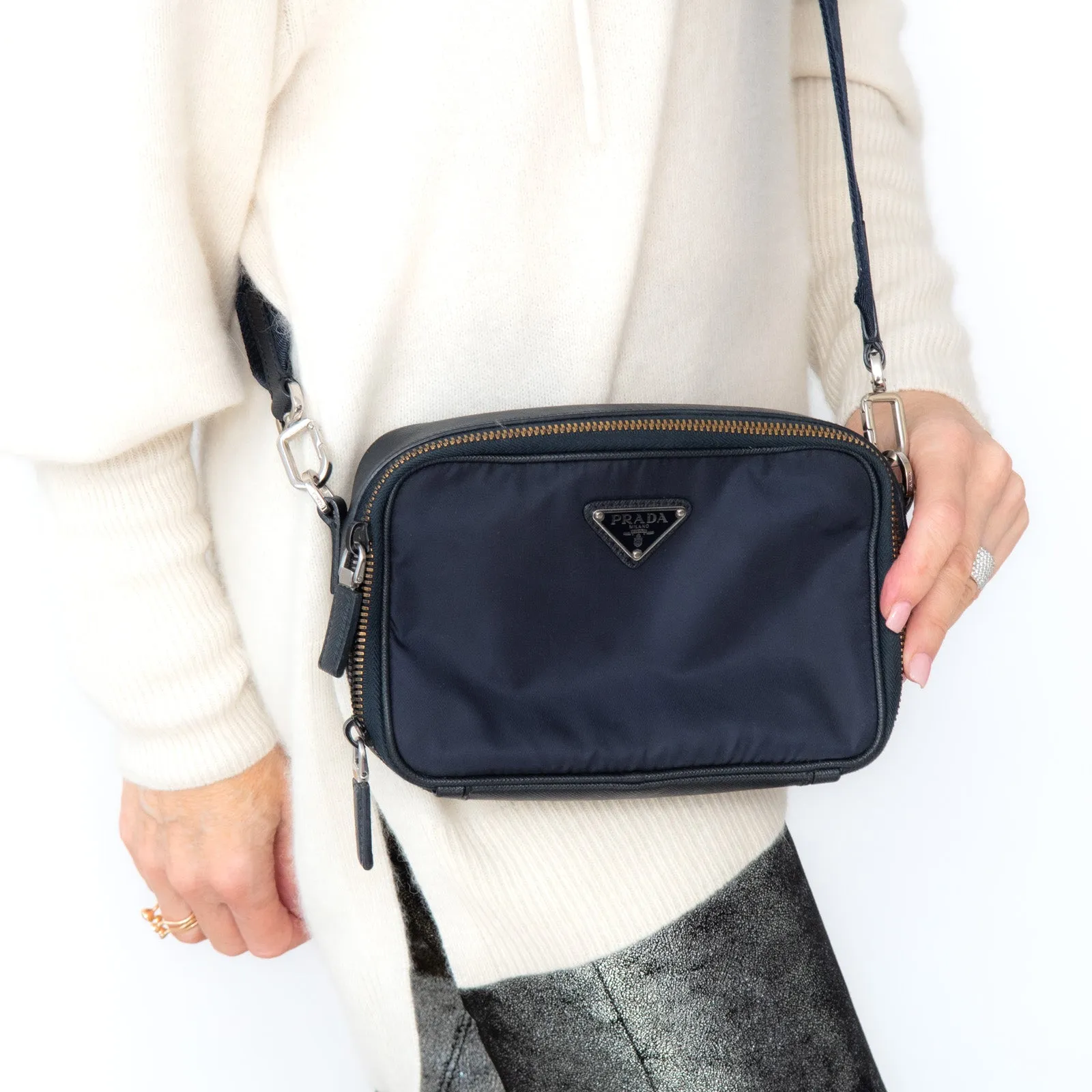 Prada Black Re Nylon  And Saffiano Leather Shoulder Bag