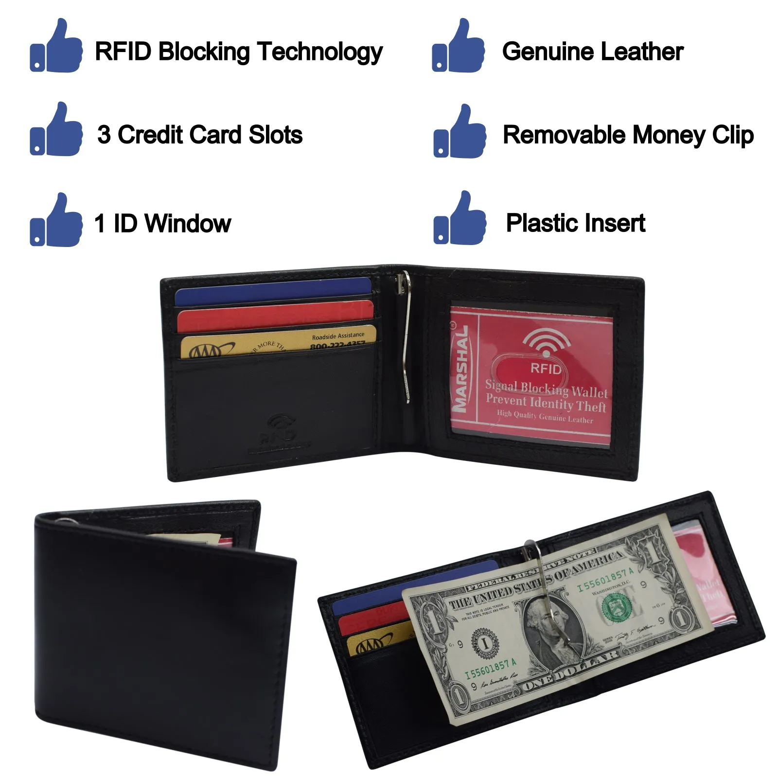 Slim Wallet Money Clip RFID Blocking Minimalist Bifold Wallet Leather Front Pocket ID Card Holder