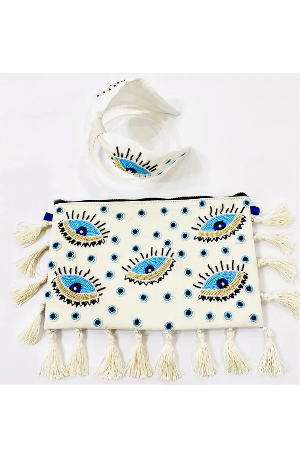 White Beads Embroidery Work Sling Bag With Hairband