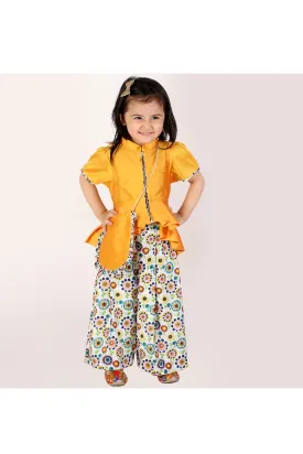 Yellow High Low Peplum Style Top And Printed Pant Set With Sling Bag